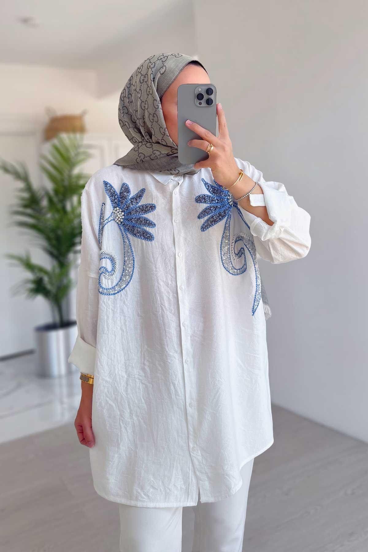 Ka Hijab Cannes Payetli Gömlek - Beyaz