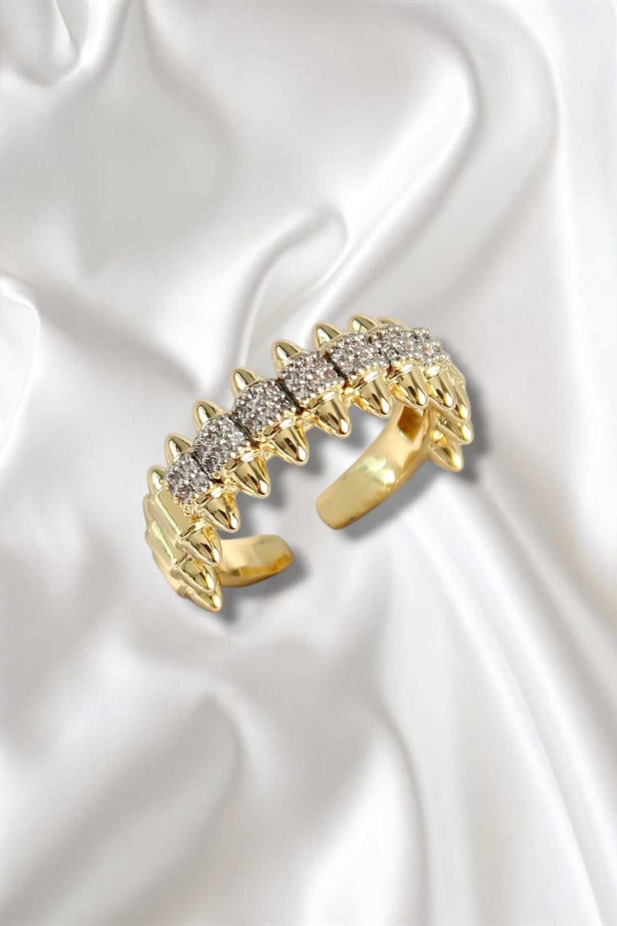 REBORN DESIGN Pirinç Sıralı Daire Figürlü Zirkon Taşlı Gold Renk Ayarlanabilir Kadın Yüzük