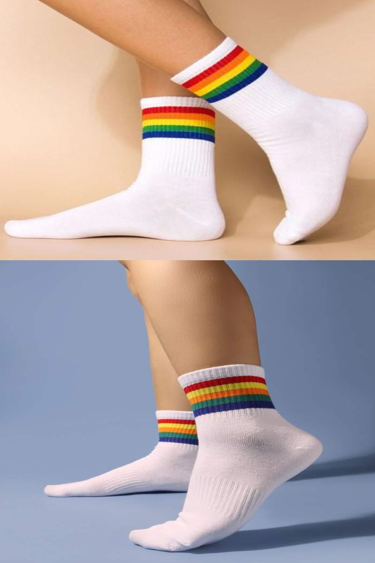 Esinti 5 Çift Erkek Kadın Çorap Gökkuşağı Desenli Beyaz Soket Çorap Unisex Renkli Çizgili Tenis Spor Çorap