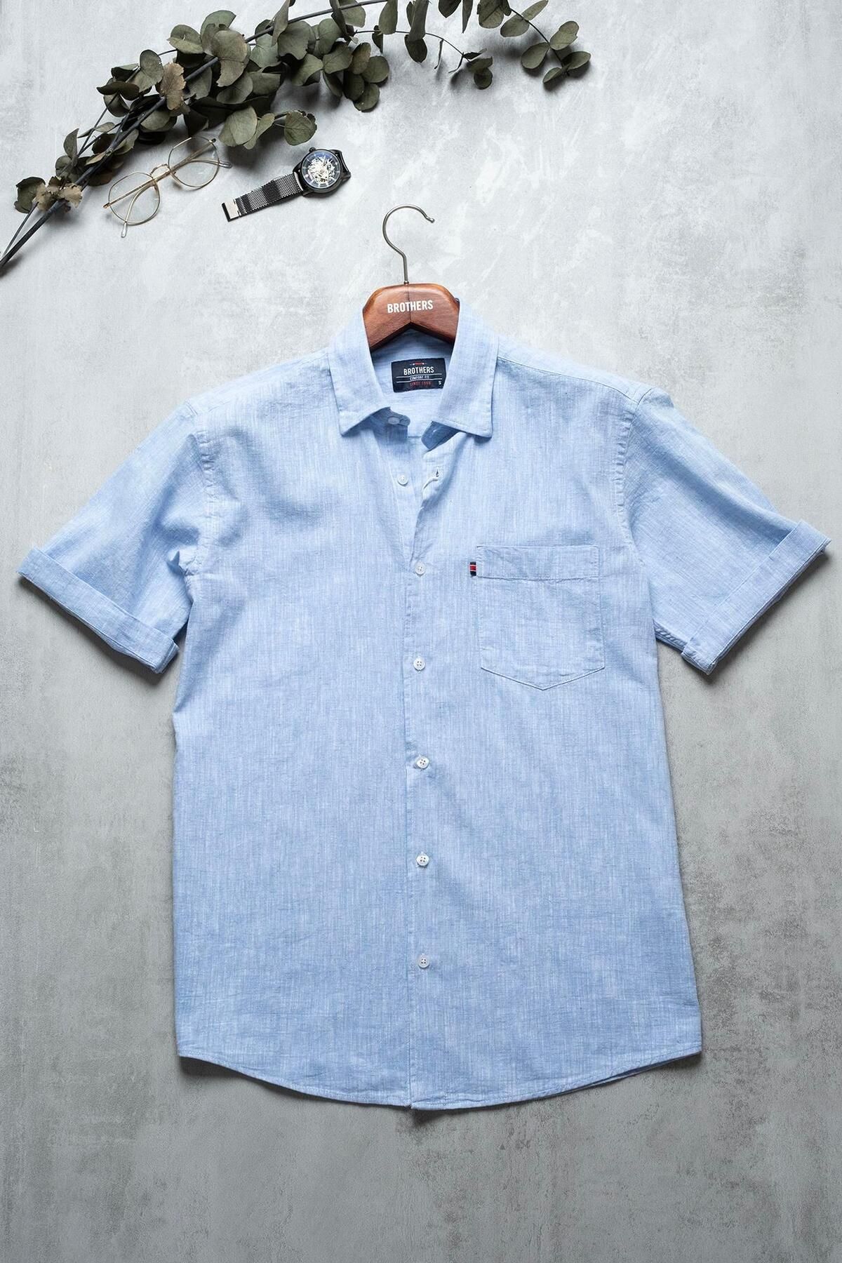Brothers Erkek Comfort Fit Kısa Kol Tek Cepli Yıkamalı Pamuk Keten Gömlek Lunas Ss B01.251.609 - Gök