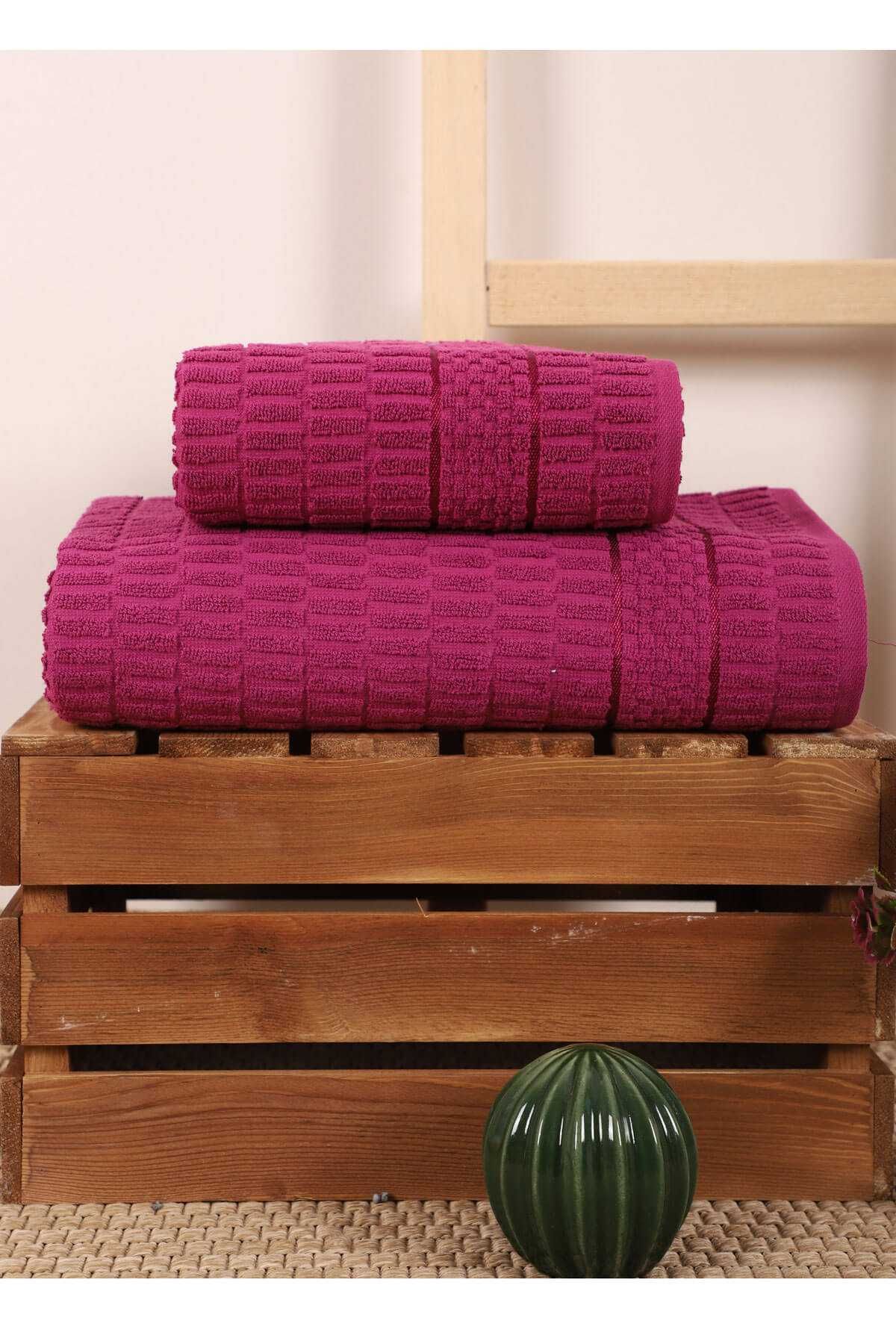 merland benvecocuk 2 Parça Banyo Havlu Takımı %100 Pamuklu Çubuk Desen Vişne