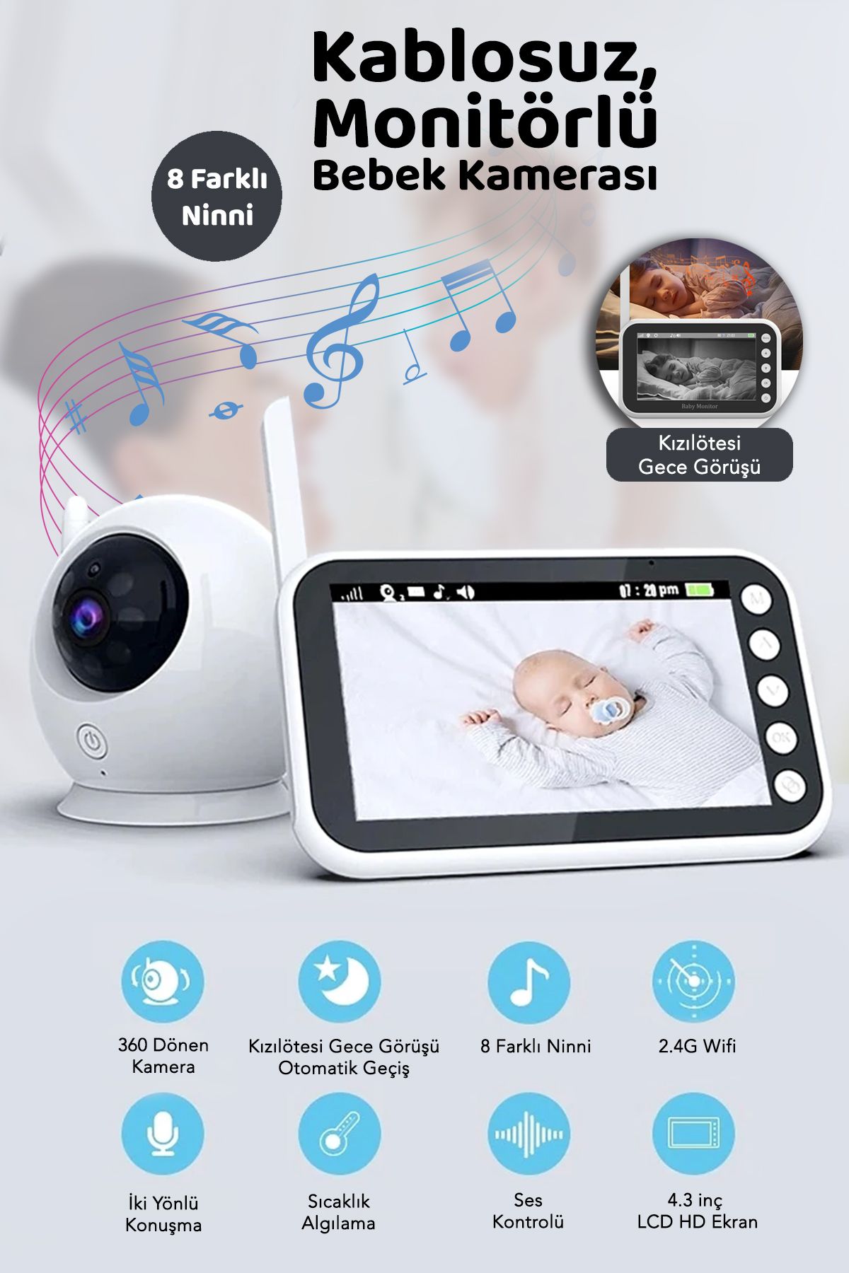 Meleni Baby LCD Ekranlı Bebek Monitörü - 360 Derece Gece Görüşlü Oda Sıcaklığı Kontrollü Kablosuz Bebek Kamerası