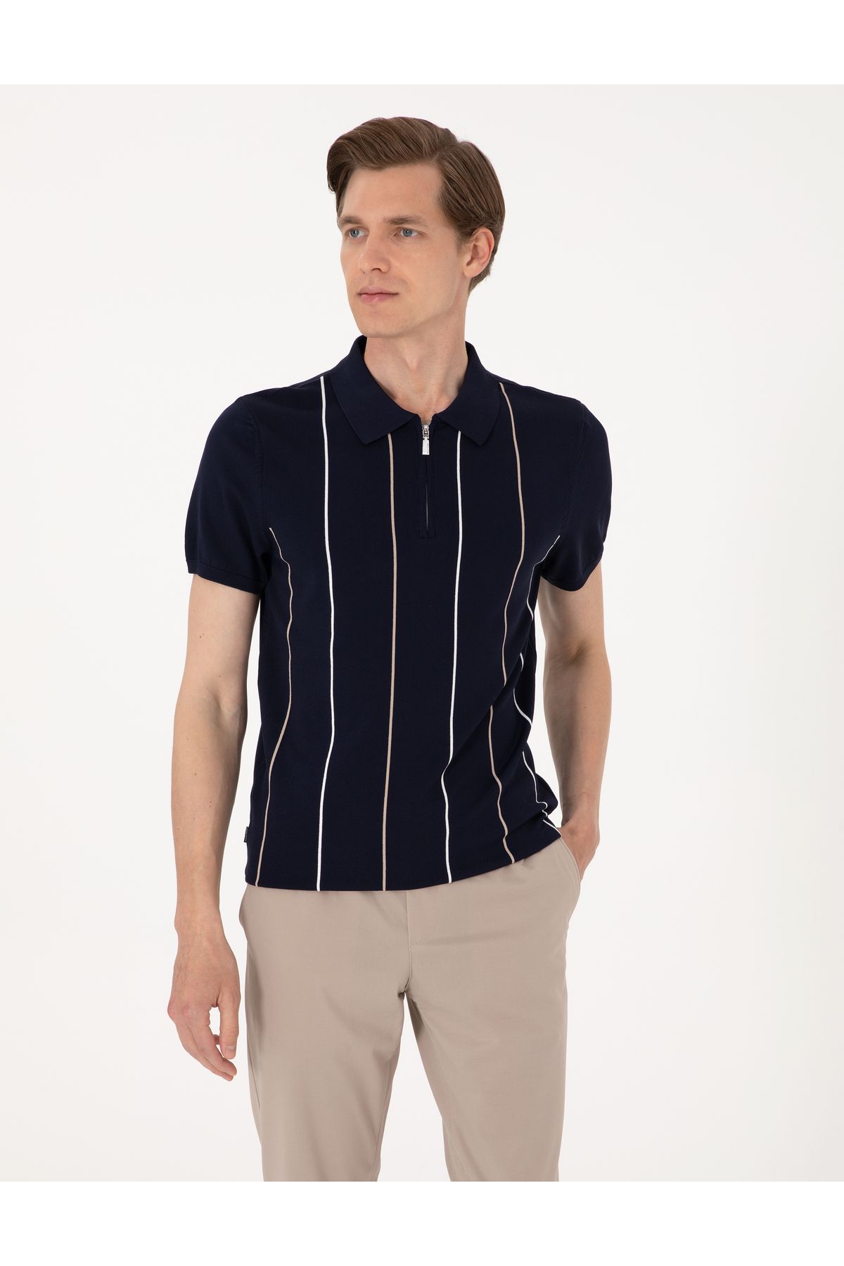 Pierre Cardin Lacivert Slim Fit Polo Yaka Fermuarlı Triko Tişört 50305982-VR033