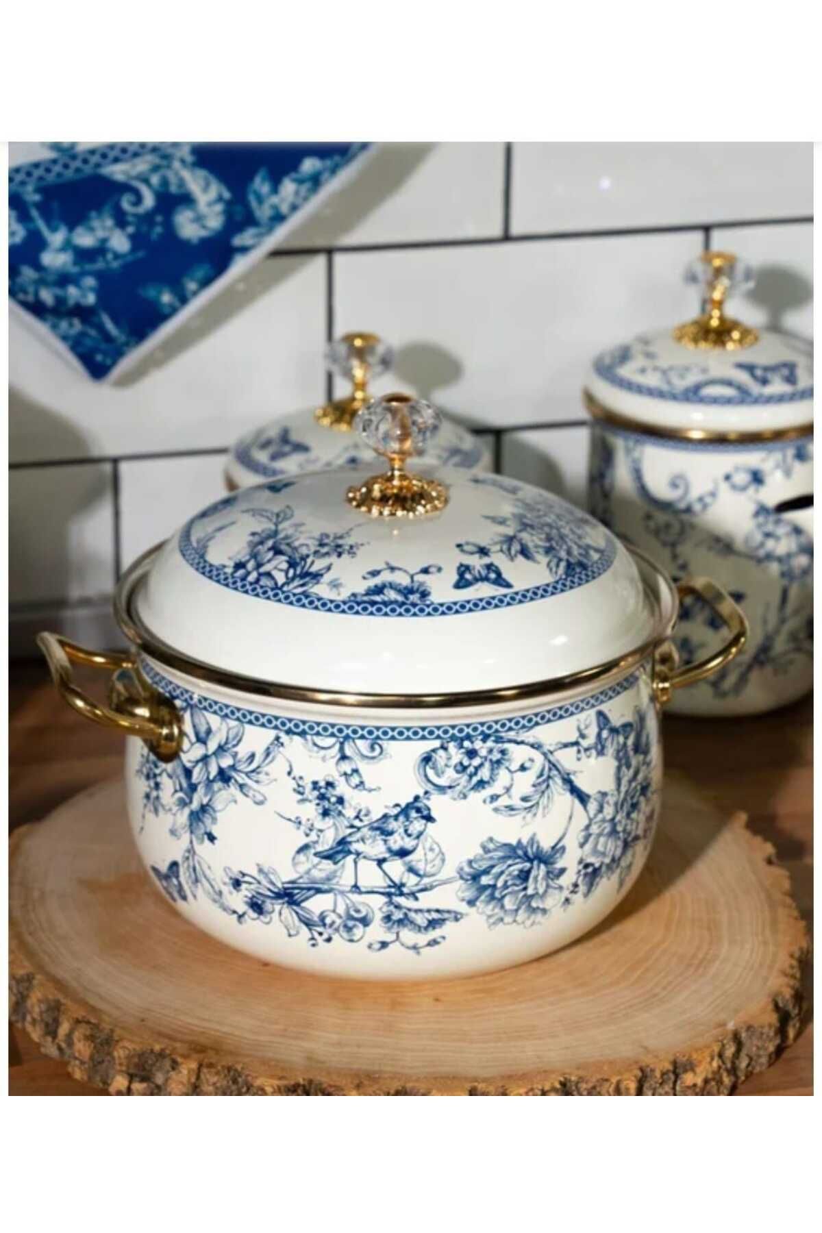 ÖNEM EV TEKSTİL Blue Life Emaye Tencere 20 cm Gold Saplı Kristal Detaylı 3.1 litre
