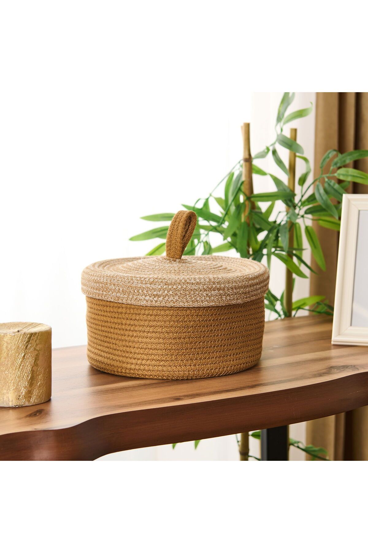 ASPARTAM Mustard Büyük Kapaklı Örgü Sepet - Hardal / Bej - 21x11 cm