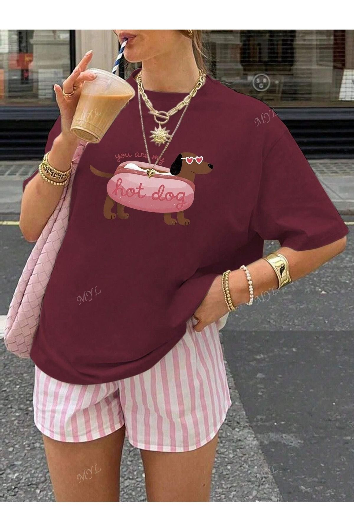PALPİTO Kadın Bordo Hot Dog Baskılı Oversize T-Shirt