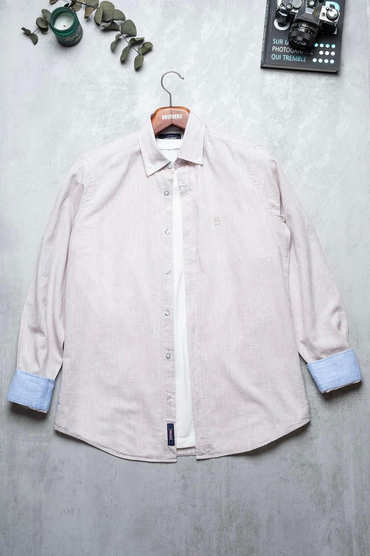 Brothers Erkek Tailored Fit Uzun Kol Logo Nakışlı Yıkamalı Pamuk Keten Gömlek Lindy Ls B01.251.709 -