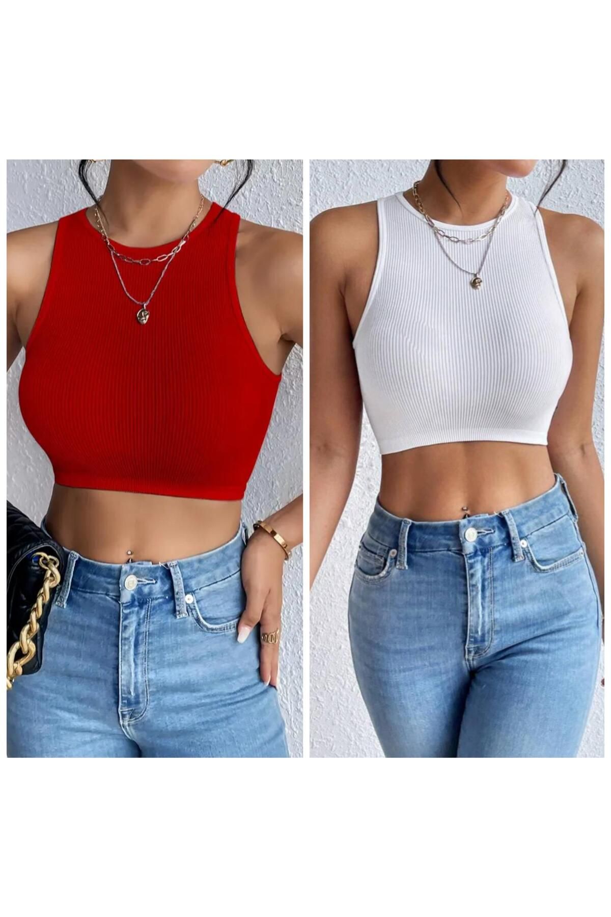 Lorya Giyim Kadın 2'li Paket Pamuklu Vücuda Yapışan Kaşkorse Fitilli Kumaş Bisiklet Yaka GÖBEK ÜSTÜ CROP ATLET