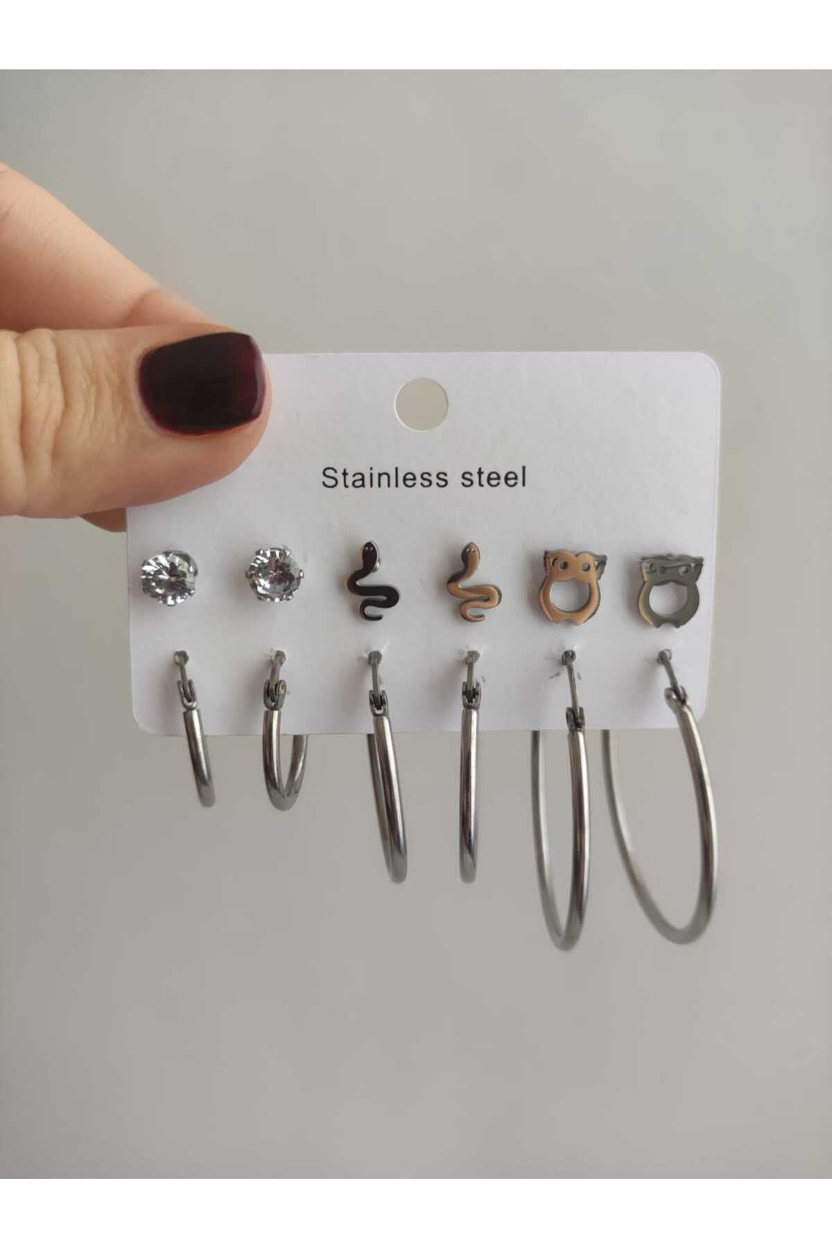 MoS JEWELLERY Gümüş Renk Halka, Yılan, Baykuş ve Taşlı Model 12'li Küpe Seti - Paslanmaz Çelik