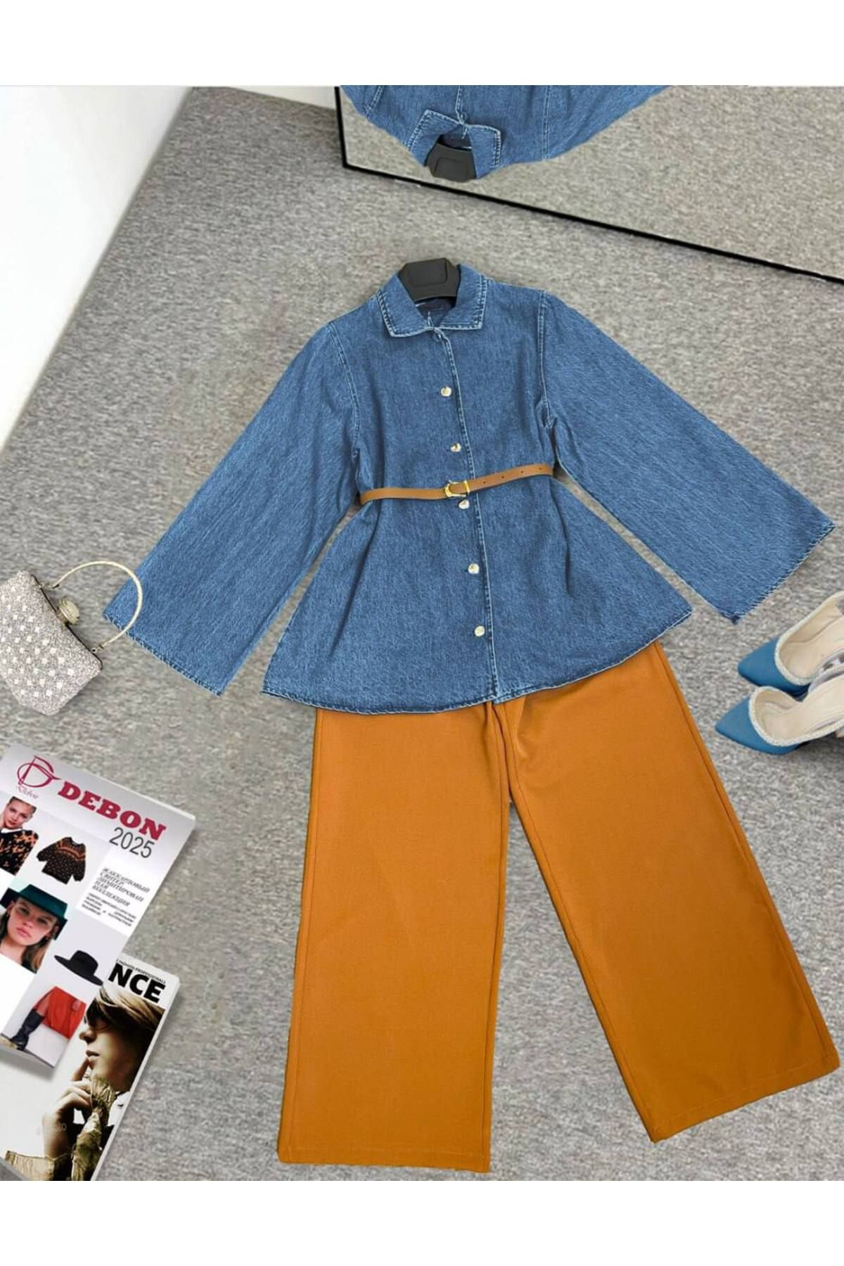 zümrüt moda kemerli kot ceket ve geniş paça pantolon , ikili kot takım 1797