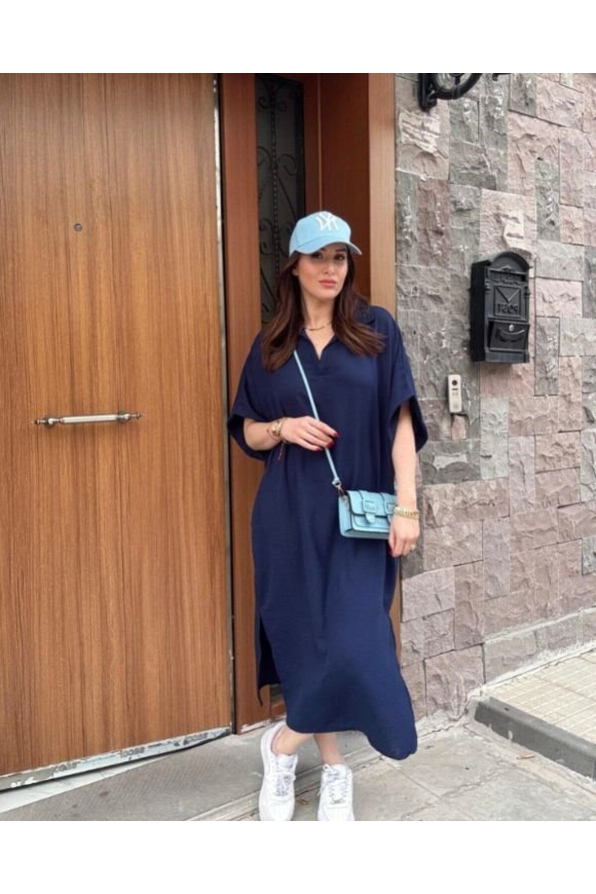 Femella Women Fashion Kadın V Yaka Yarasa Kol Salaş Maxi Boy Elbise