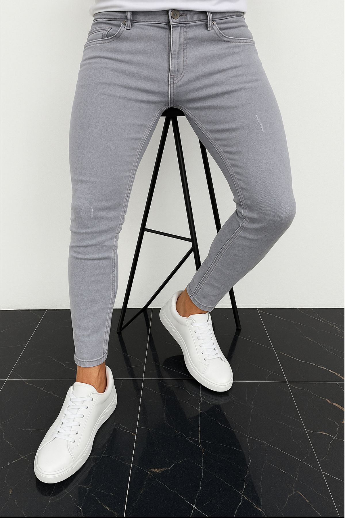 moda biz Erkek Gri Slim Fit Tırnaklı Kot Jean Pantolon