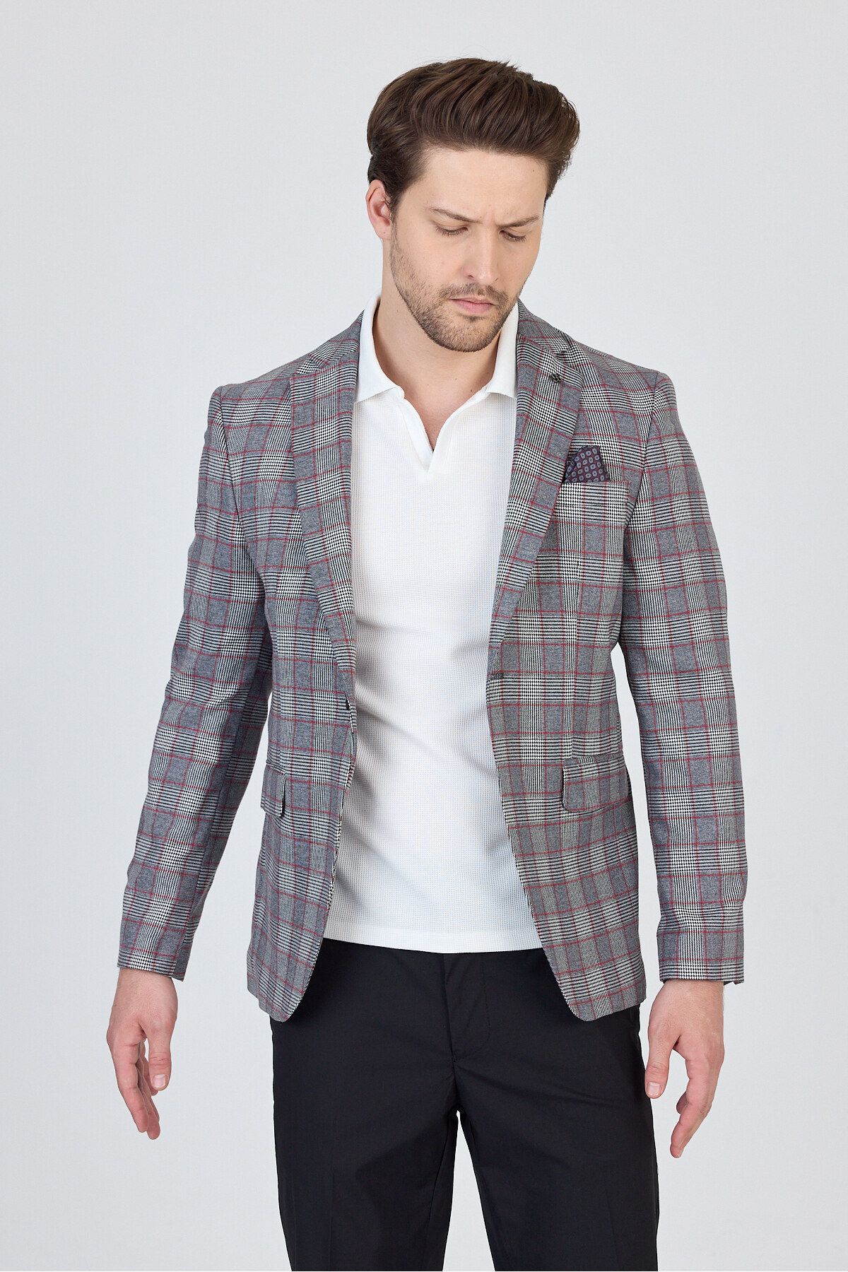 Frappoli Vegas Erkek Siyah-Bordo Ekose Polyester Kumaşlı Spor Blazer Ceket