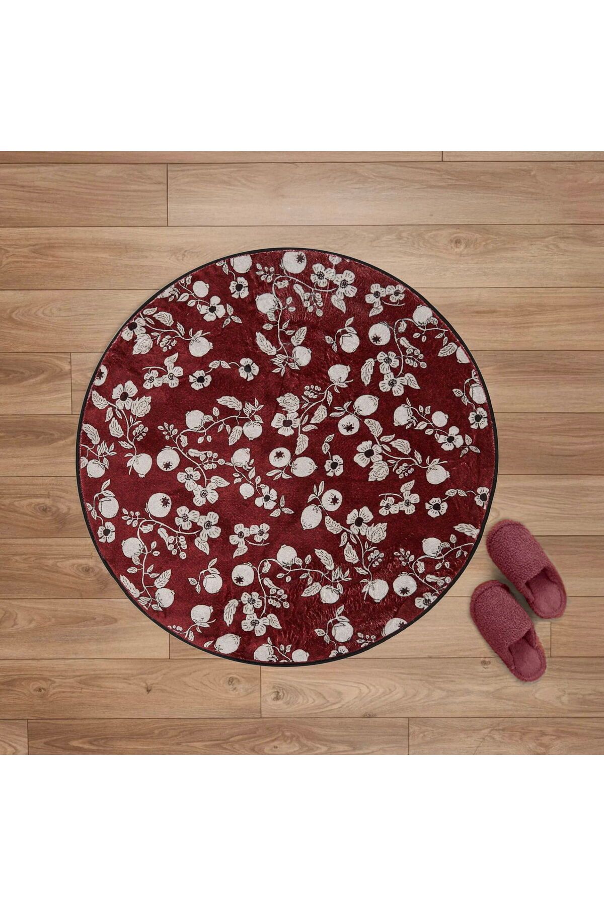 ASPARTAM Çiçek Desenli Yuvarlak Halı - Kırmızı - 90x90 cm