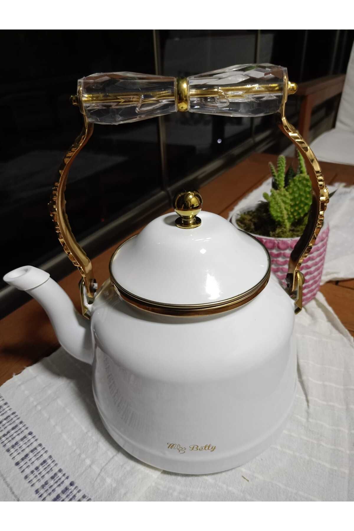 ÖNEM EV TEKSTİL Vintage Blue Emaye Kettle Emaye Beyaz Gold Kristal Detaylı Emaye Kettle 20 Cm