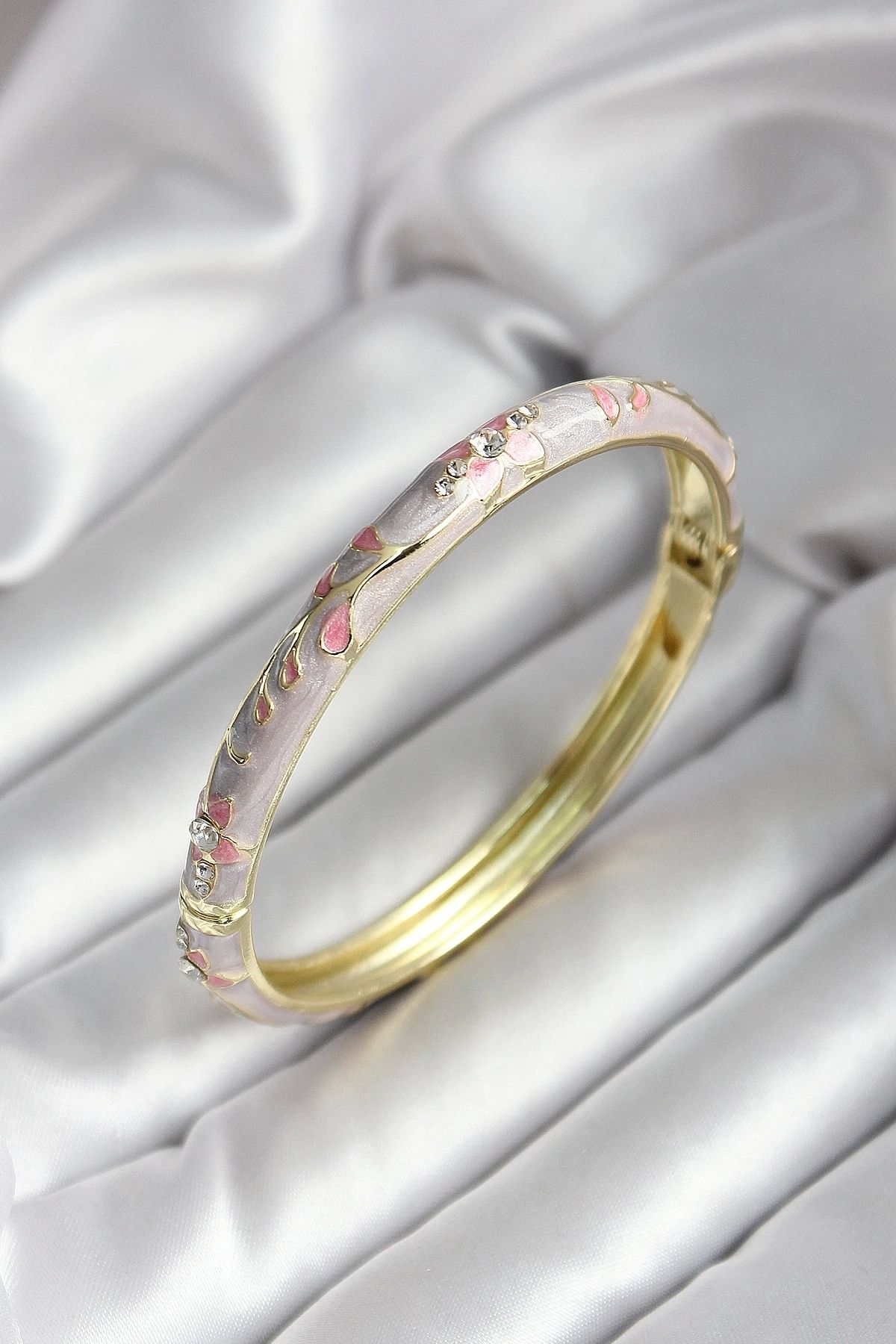 GLIMMERY Mineli Pirinç Pembe Çiçek Desenli Gold Renk Kadın Kelepçe