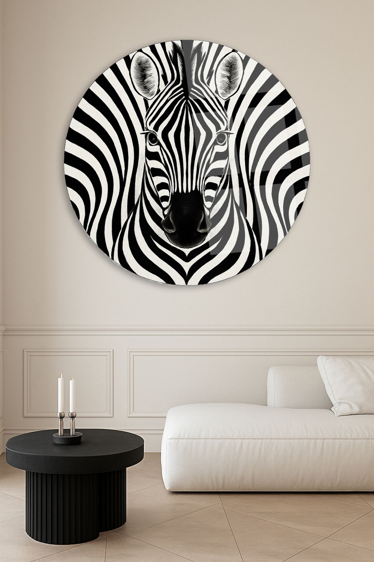 TAULART SOYUT ZEBRA TASARIMI MODERN YUVARLAK KIRILMAZ CAM TABLO LÜKS HEDİYE TABLO