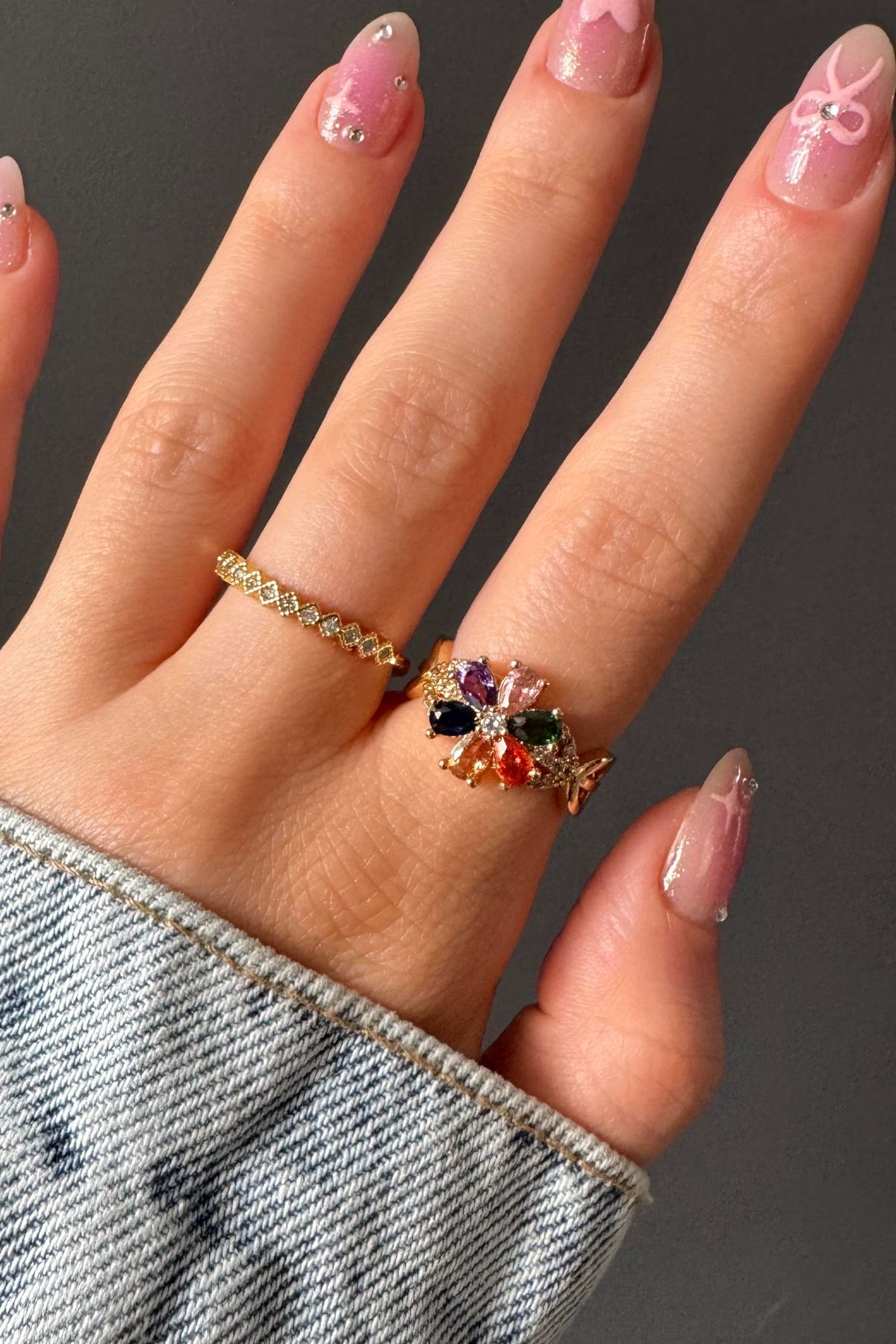 H&E DESIGN Kadın Gold Renkli Lotus Çiçeği Kararmaz Ayarlanabilir Yüzük Seti