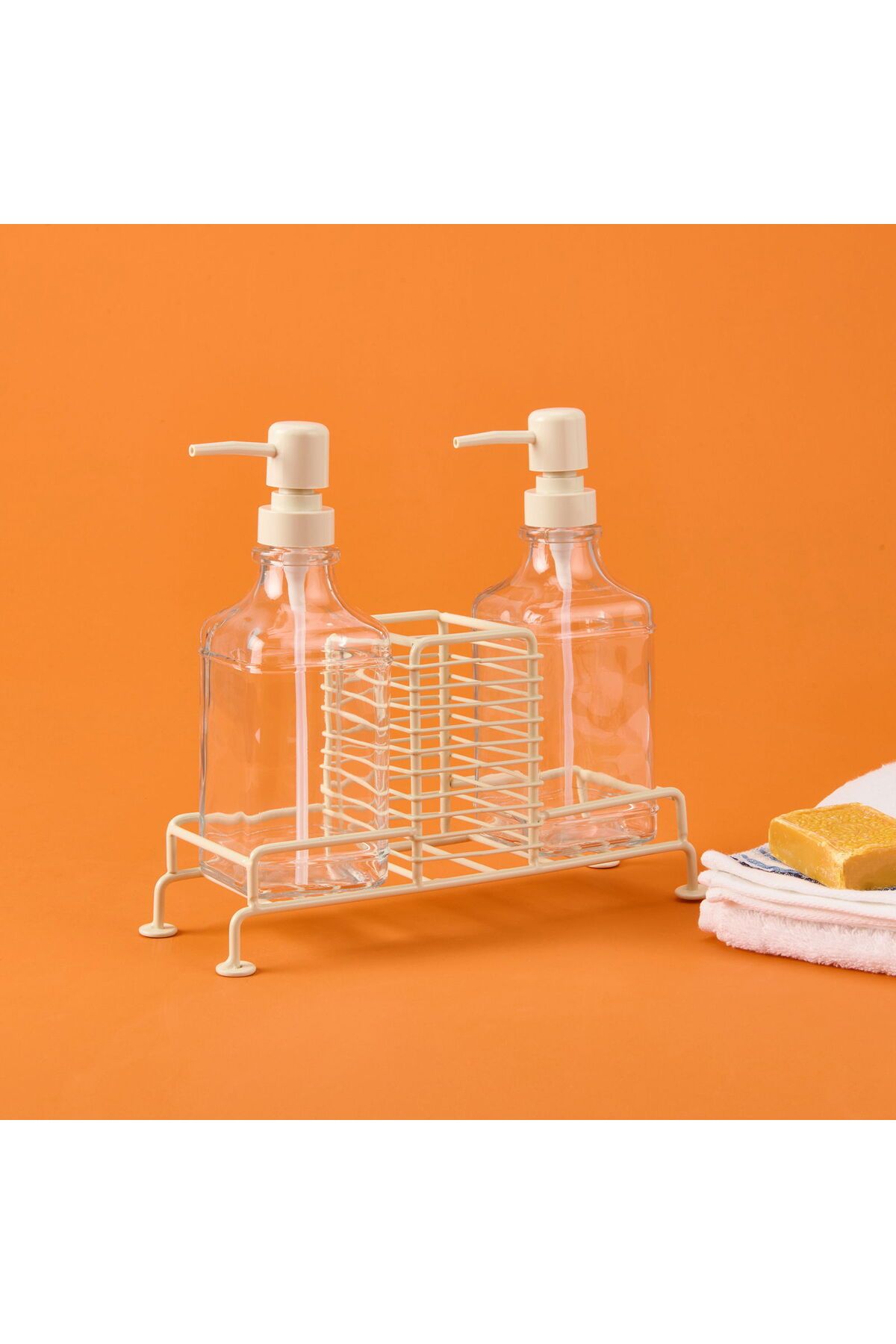 ASPARTAM Cream 2'li Metal Stantlı Cam Sıvı Sabunluk - Şeffaf / Krem - 200 ml