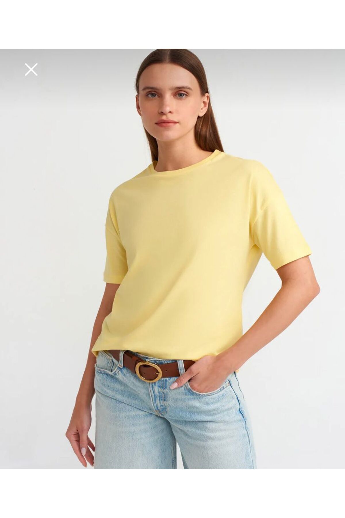 aGELİT Fit geniş kesim bisiklet yaka %100 pamuk sarı T-shirt