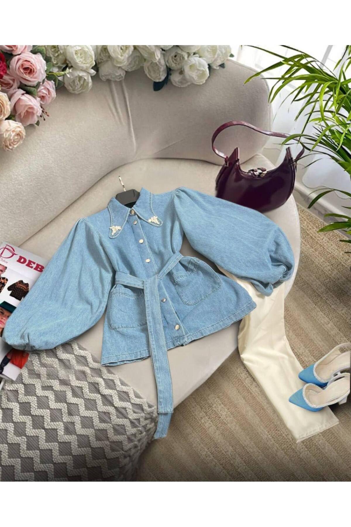 zümrüt moda yakası taş detaylı ceket ve pantolon , ikili kot takım 1794