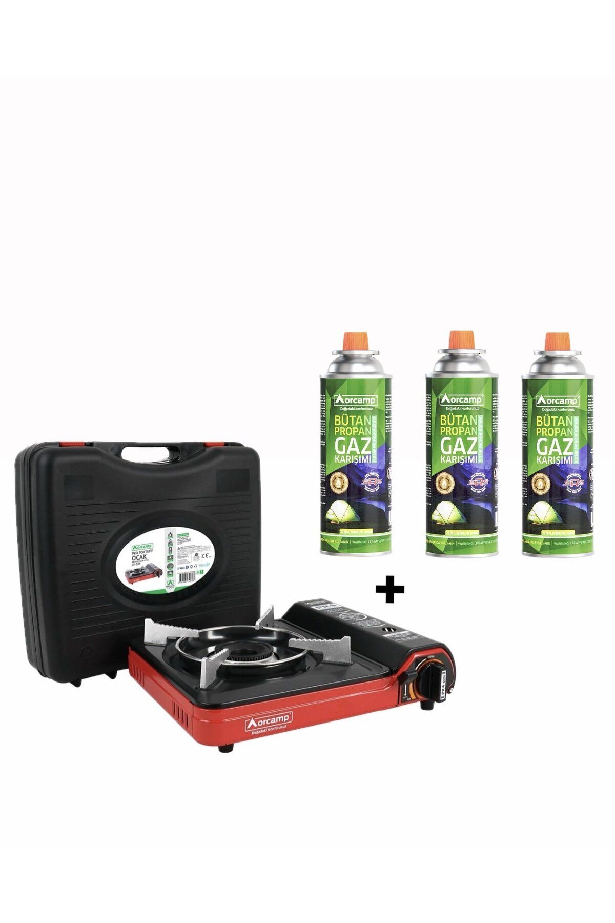 Orcamp Portatif Kamp Ocağı Kırmızı CK-505 + 3 Orcamp 227 Gram Gaz Kartuşu