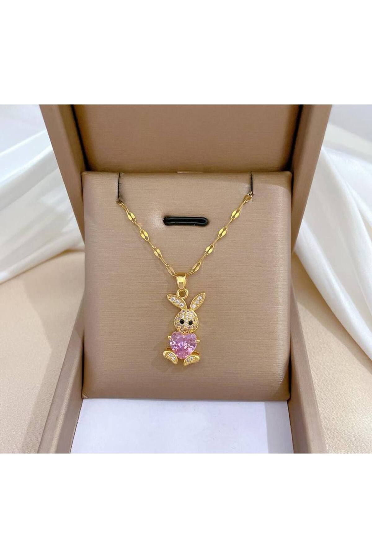 HND collection Tavşan Figürlü Kalp Detaylı Zirkon Taşlı Kadın Kolye