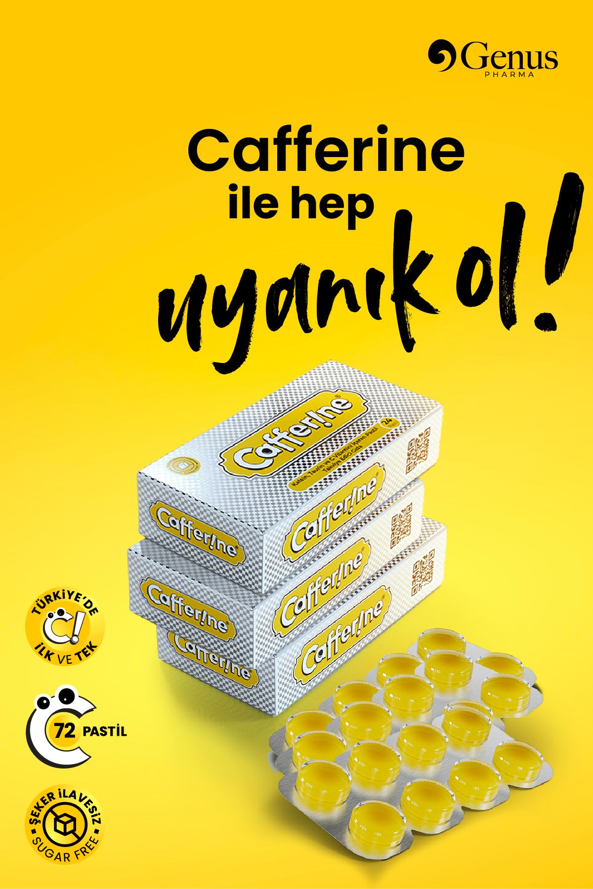 Genus Pharma Cafferine Pastil Cafferine, Kafein, Taurin, C Vitamini Ile Yorgunluğa Karşı Enerji Artırıcı Pastil 3lü