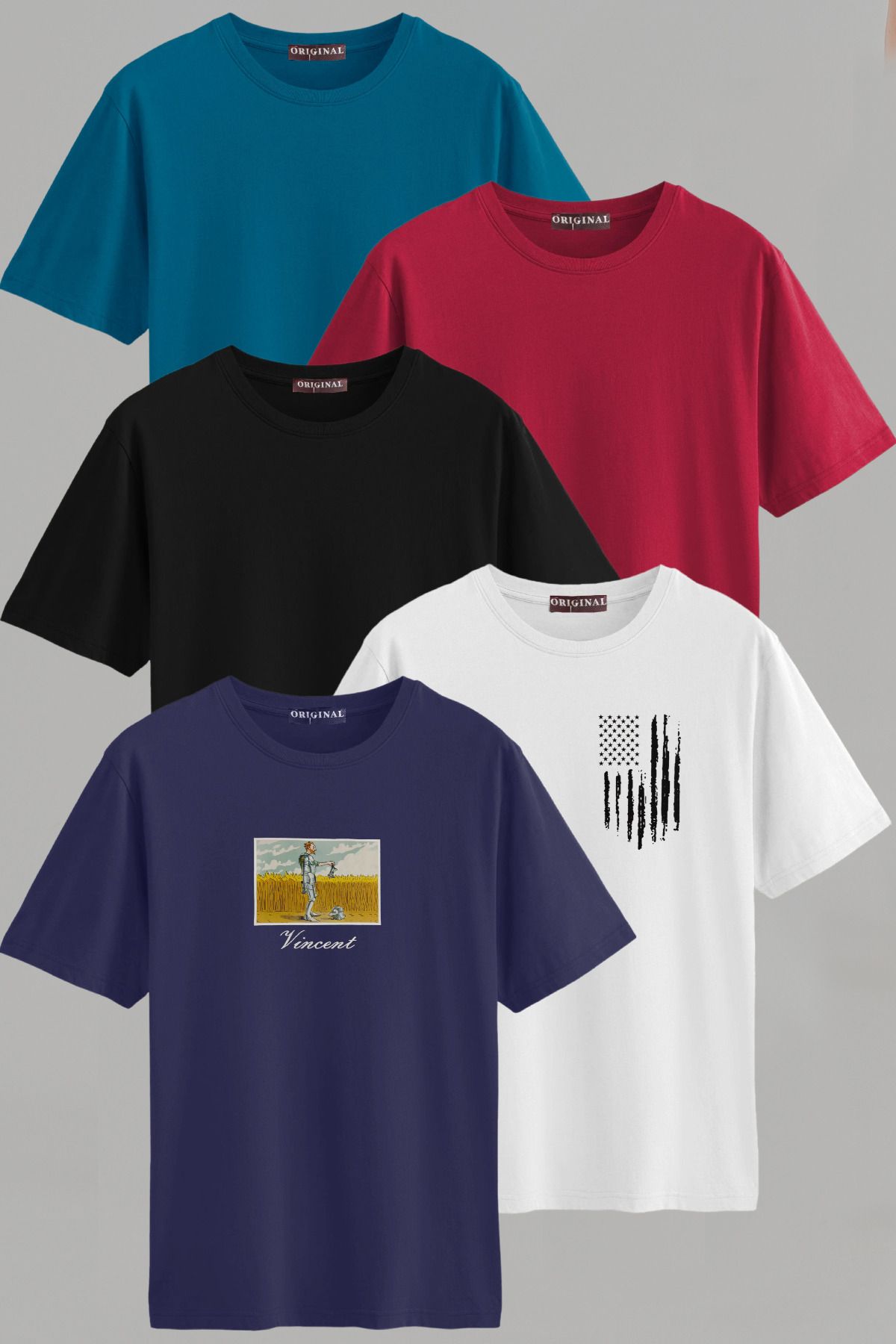 Vien&Karl Erkek Desenli-düz Karışık Slim Fit Bisiklet Yaka Pamuk Elastan 5'li Basic Tişört