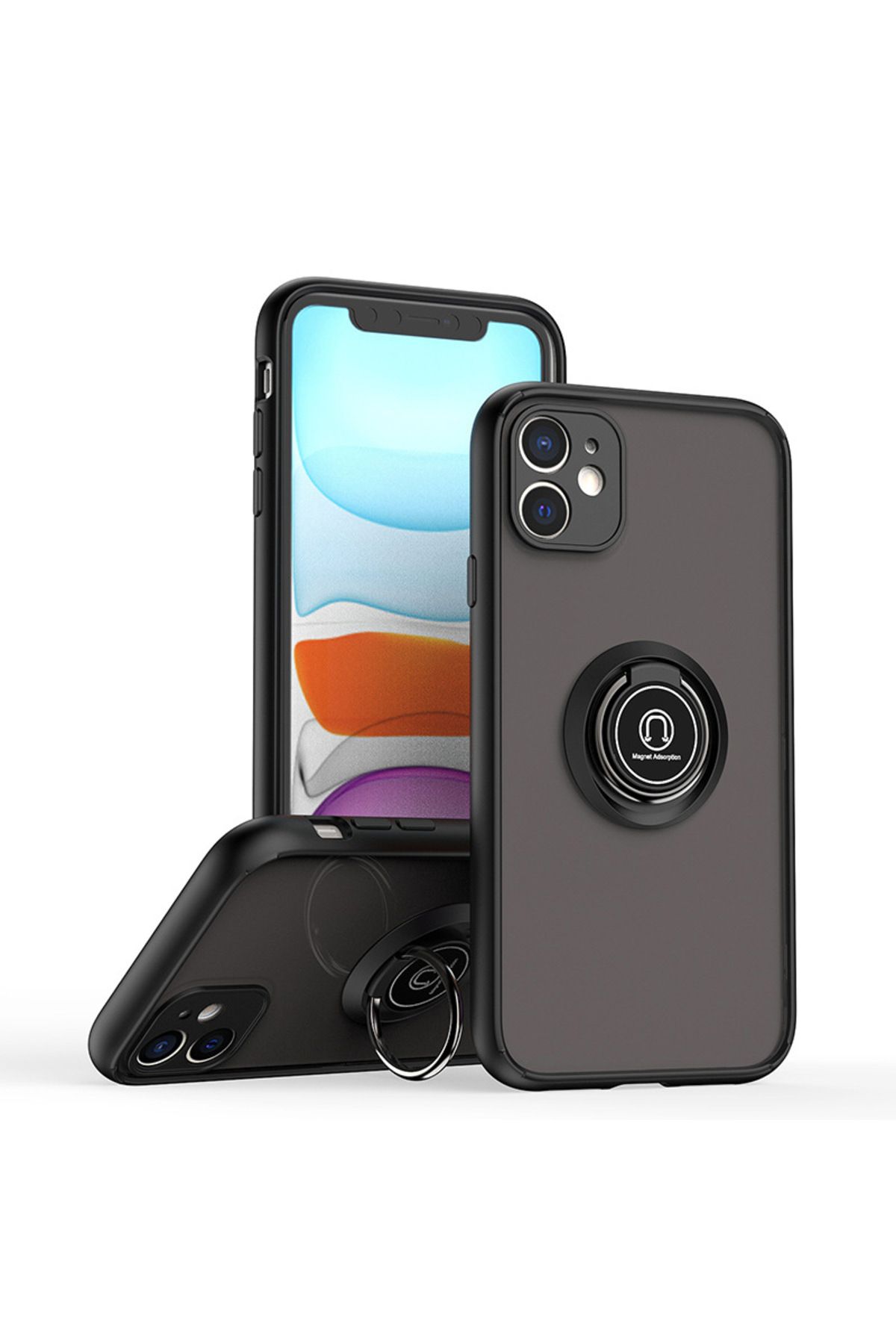 Rivor Apple iPhone 12 Uyumlu Kılıf Kamera Korumalı Standlı Buzlu Kenarları Renkli Yüzüklü Silikon Kapak