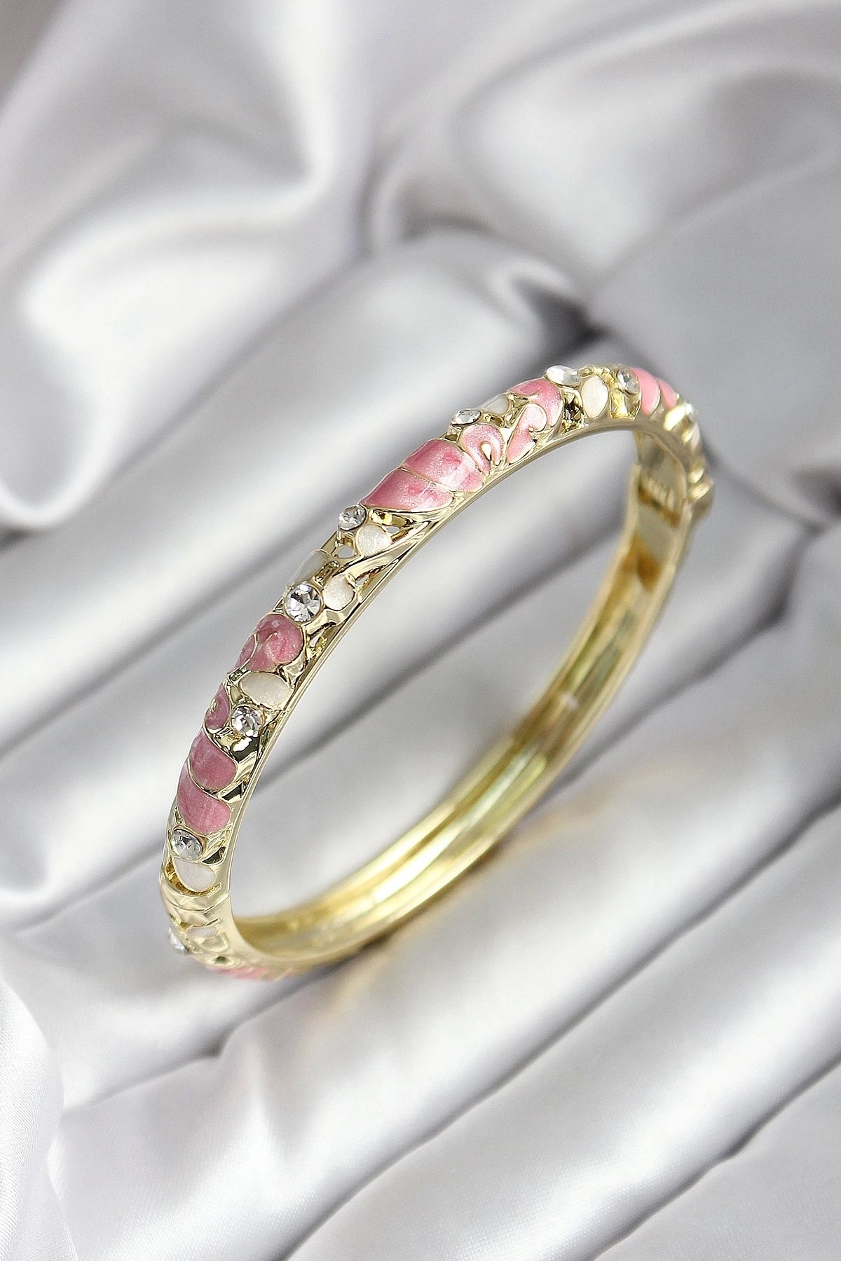 GLIMMERY Mineli Pirinç Pembe Çiçek Desenli Zirkon Taşlı Gold Renk Kadın