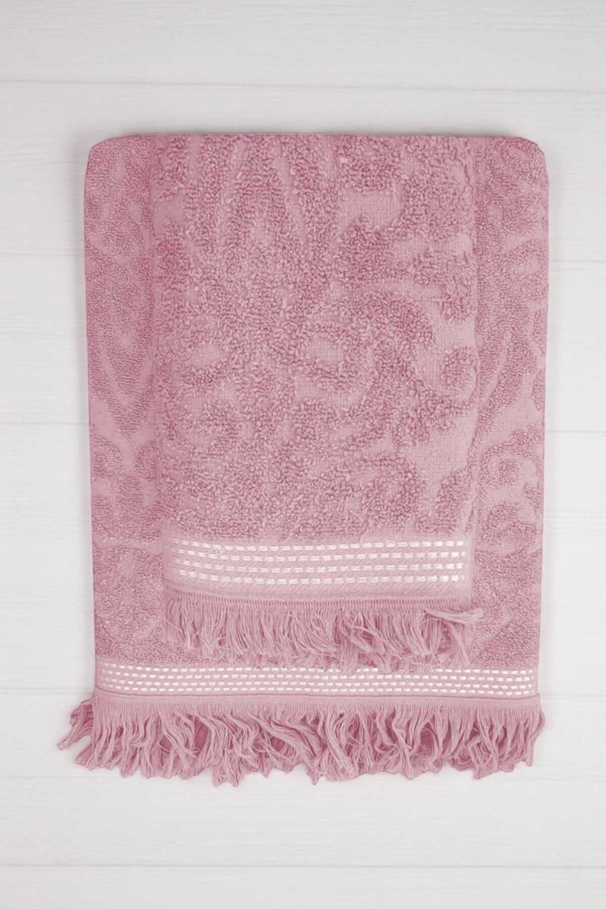 merland benvecocuk 2 Parça Jakarlı Banyo Havlu Takımı %100 Pamuklu 90x150 Cm Arden Pembe