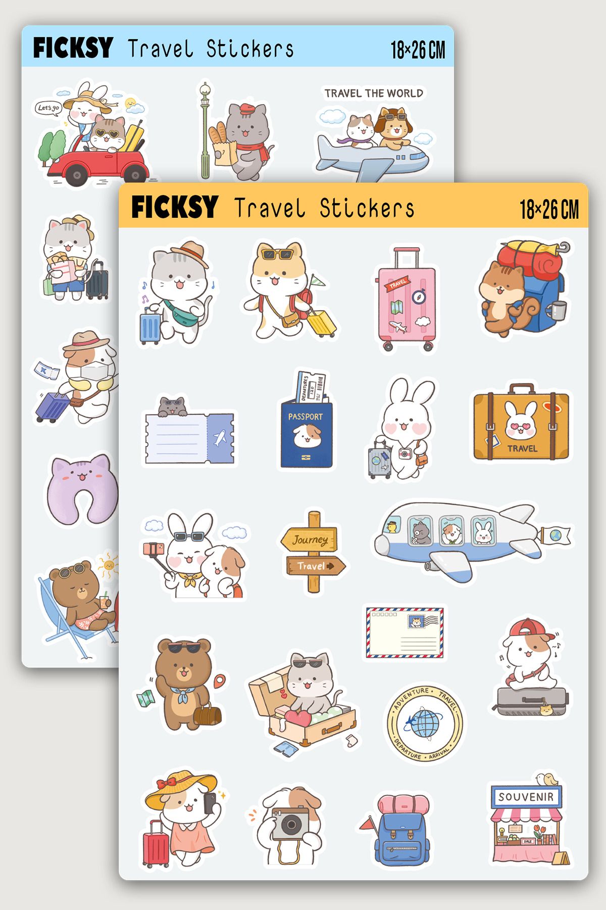 Ficksy Kawaii Stili Sevimli Hayvanlar Seyahat Temalı Sticker Seti - 35 Adet Etiket Çıkartma