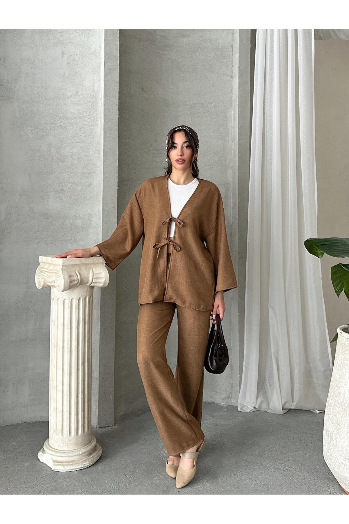 New Lune KADIN GİYİM keten baglamalı kimono takım, ikili takım ,alt üst takım