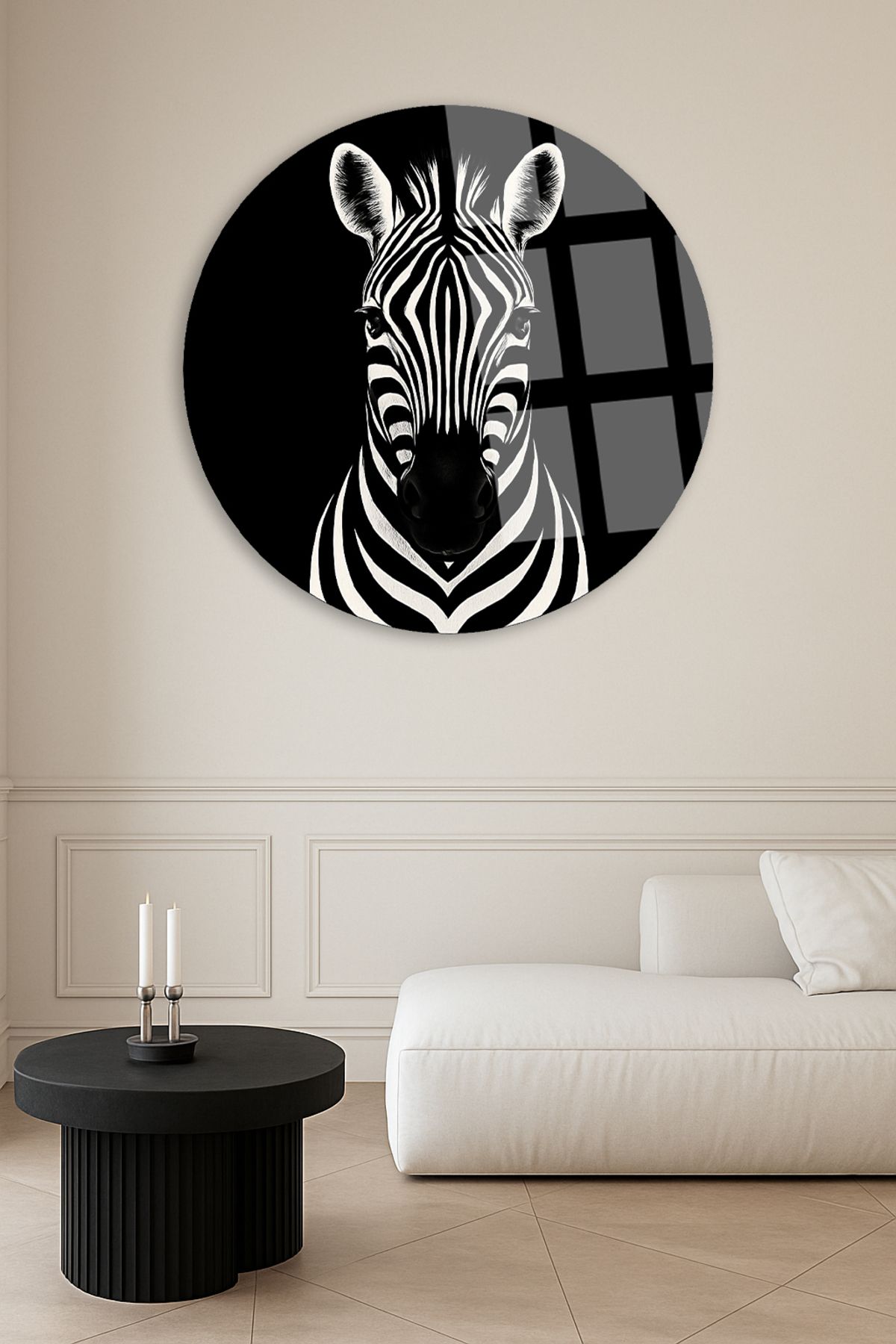 TAULART SOYUT ZEBRA TASARIMI MODERN YUVARLAK KIRILMAZ CAM TABLO LÜKS HEDİYE TABLO