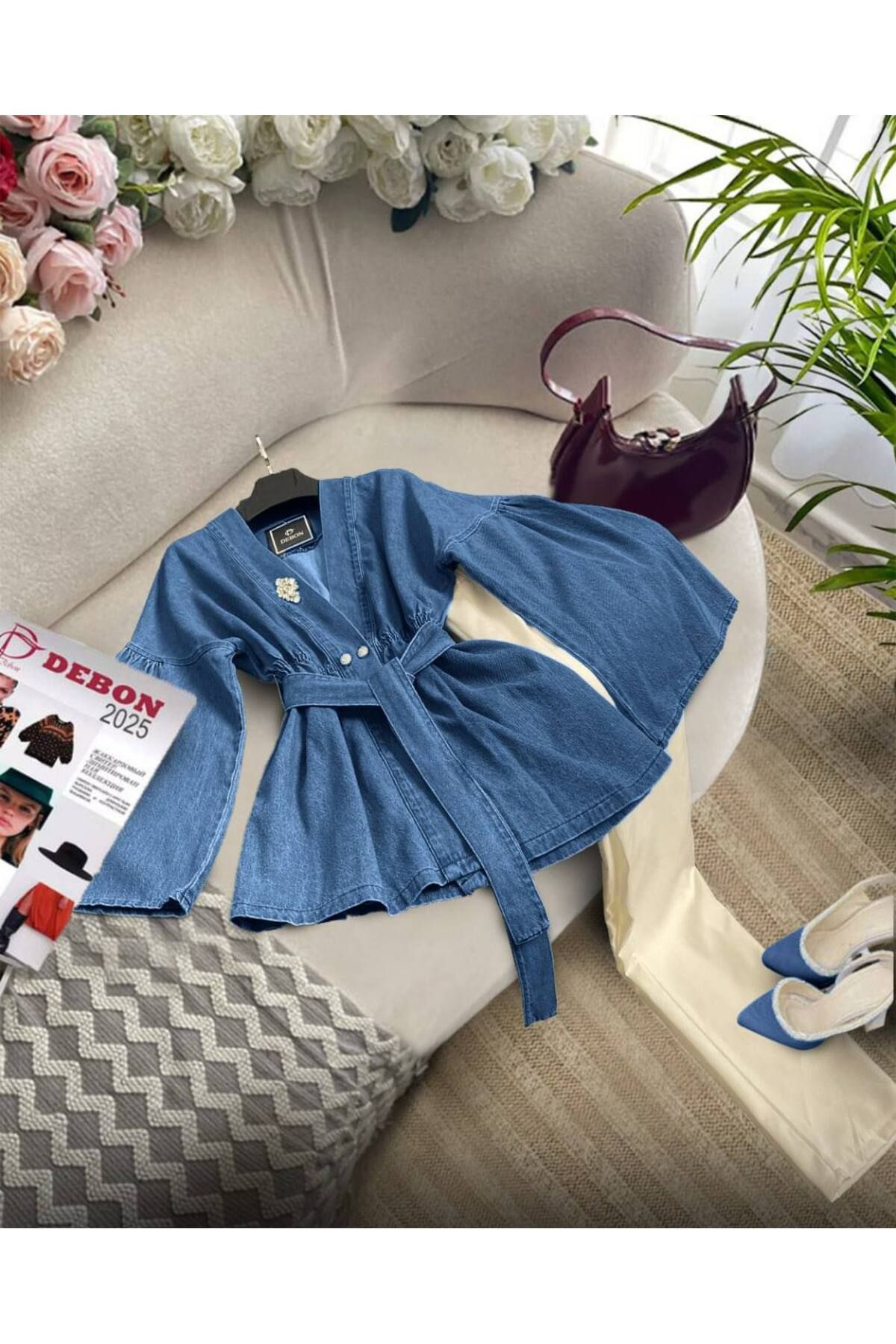 zümrüt moda taş detaylı ceket ve pantolon , ikili kot takım 1798