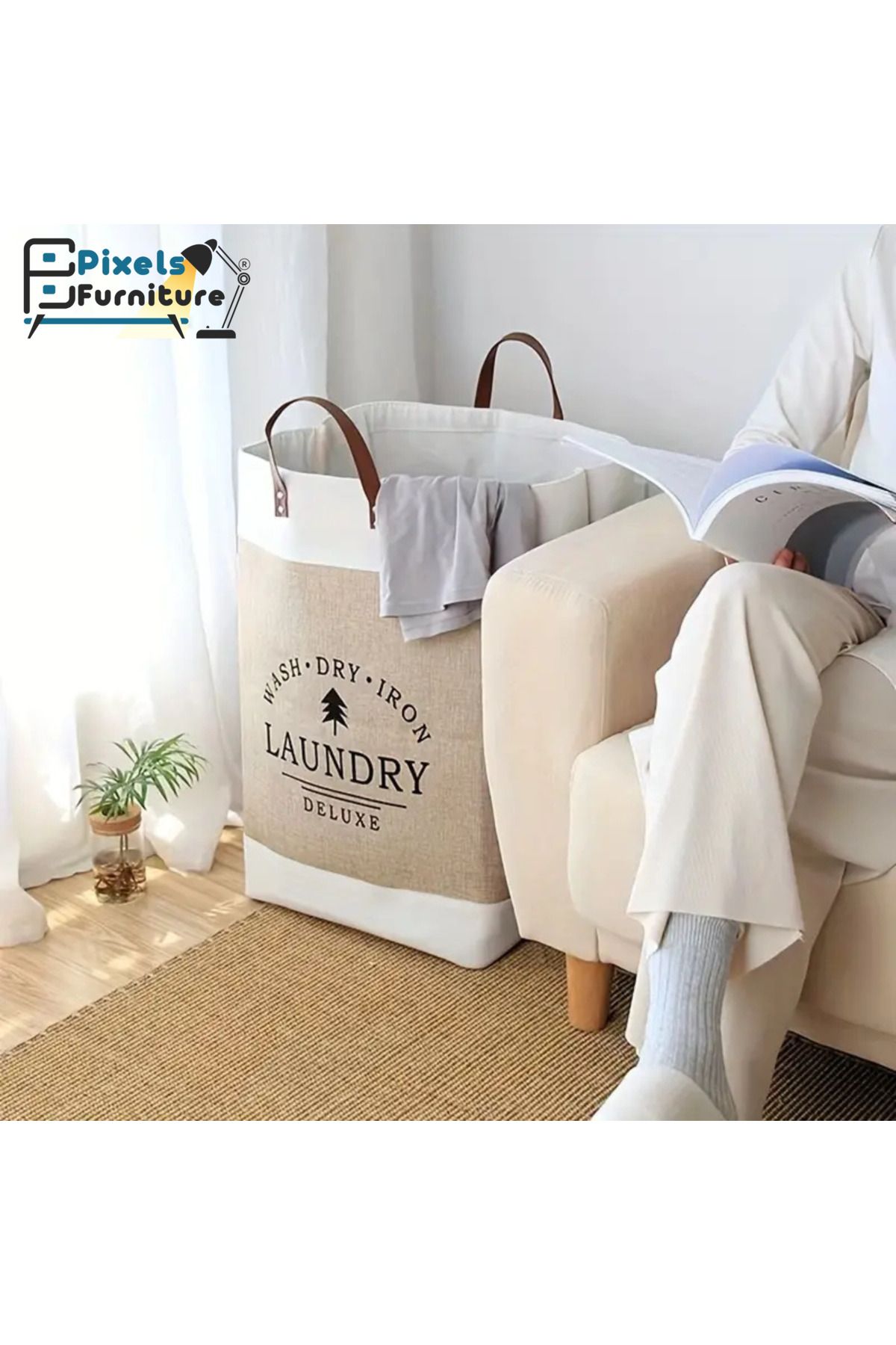 PixelsFurniture-سلة غسيل قماش مربعة قابلة للطي متعددة الاستخدام من بكسل الأثاث 2