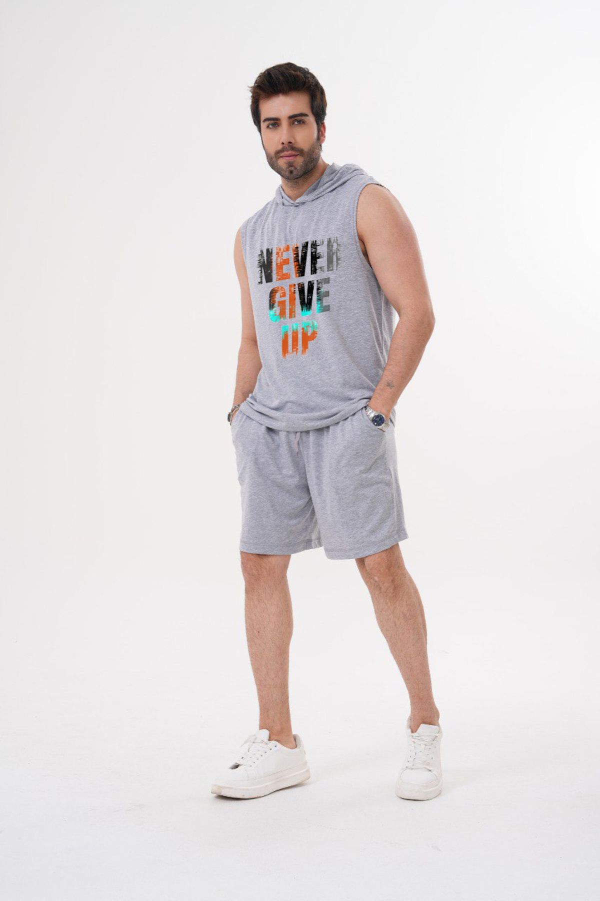 ACTIVE MODA ERKEK -Never Give Up -BASKILI SPOR ATLETİ - ŞORT TAKIMI 2Lİ BÜYÜK BEDEN PAMUKLU