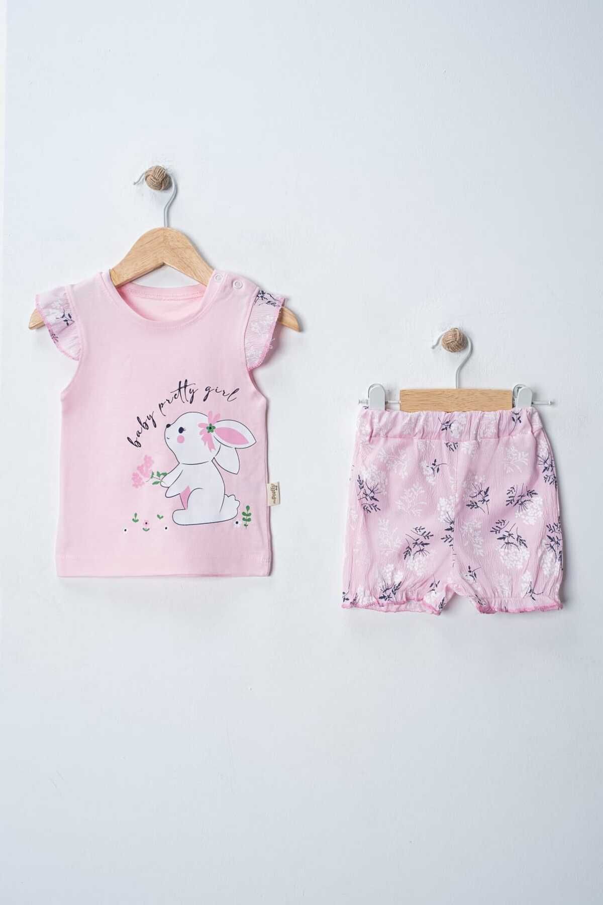 MyPrettyBaby TAVŞAN BASKILI ÇİÇEKLİ ŞORTLU YAZLIK KIZ BEBEK ALT ÜST TAKIM