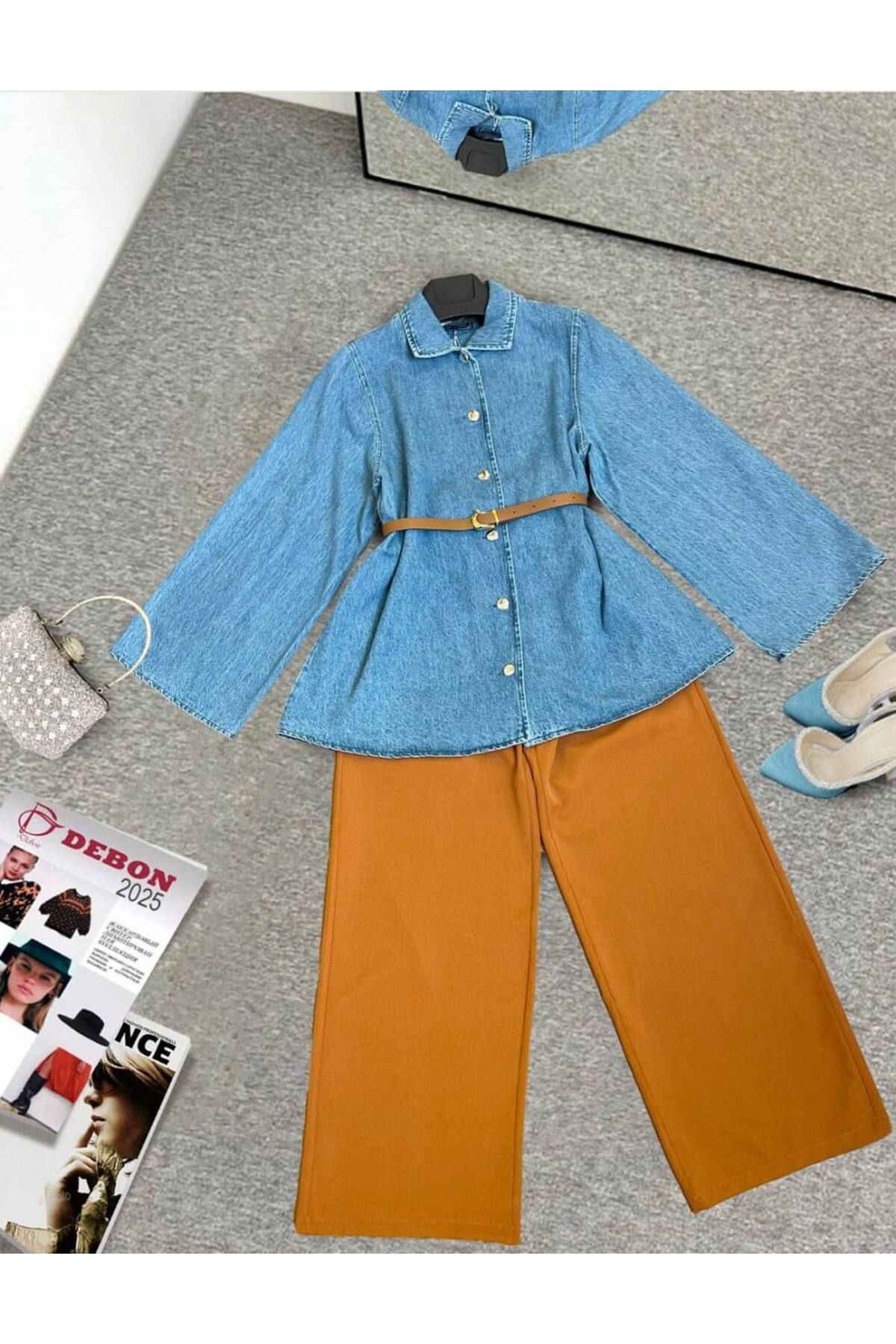 zümrüt moda kemerli kot ceket ve geniş paça pantolon , ikili kot takım 1797