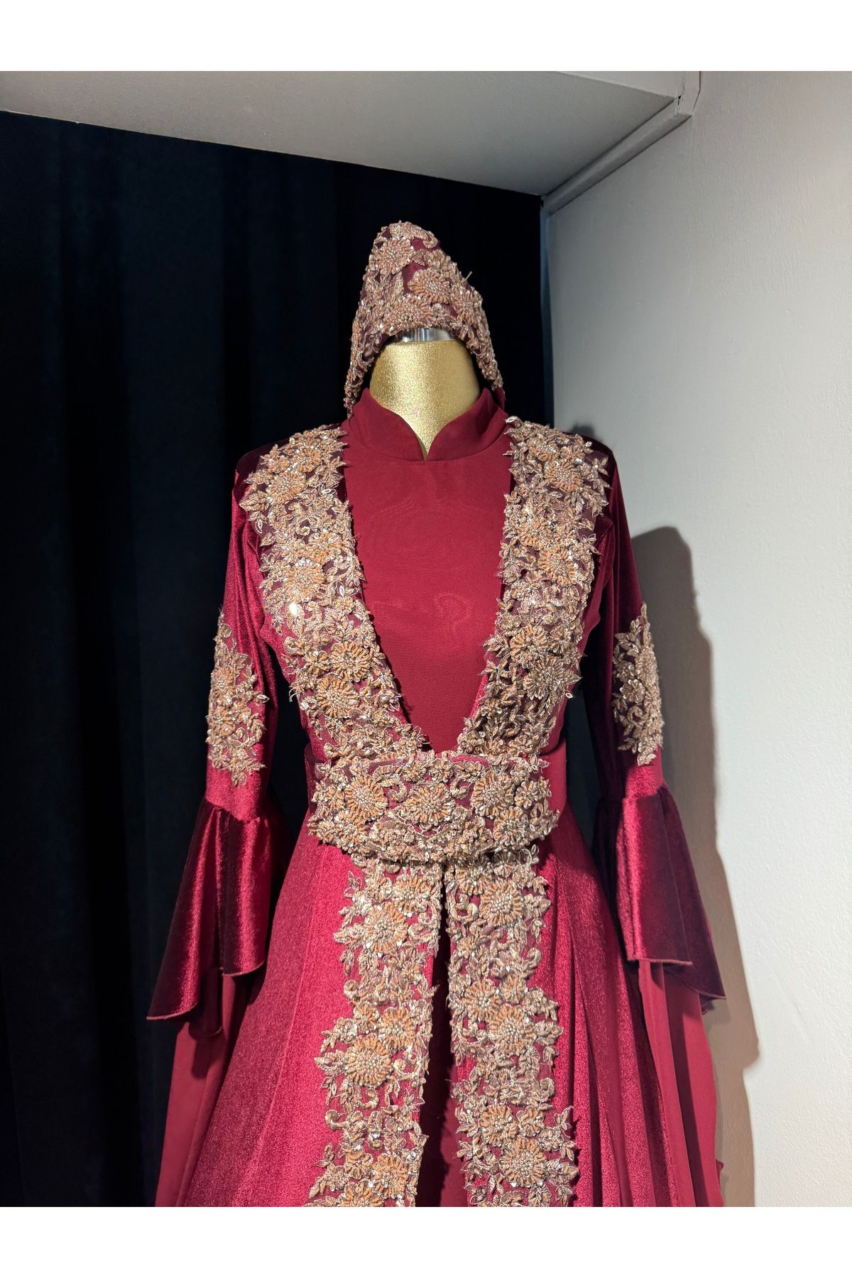 atölyekaftanbutik Bordo kadife tesettür kaftan bindallı