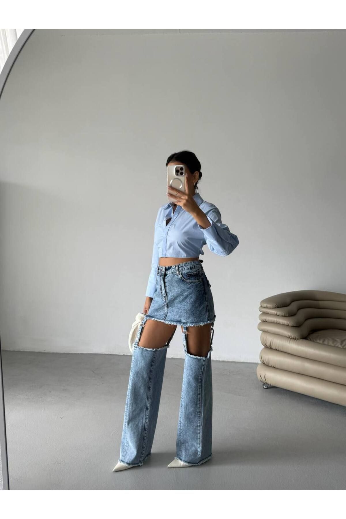 Castivo Fashion Çıtçıt Detaylı Denim Garter Jean Etek-Pantolon Takım