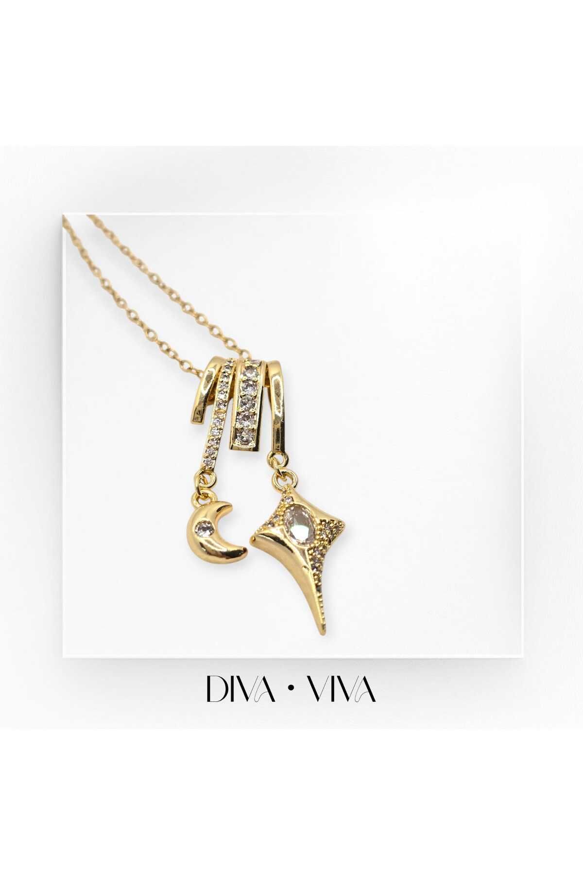 DivaViva Diva Viva - Çelik Gold Ay ve Yıldız Sallantılı Kadın - LunaStar Kolye
