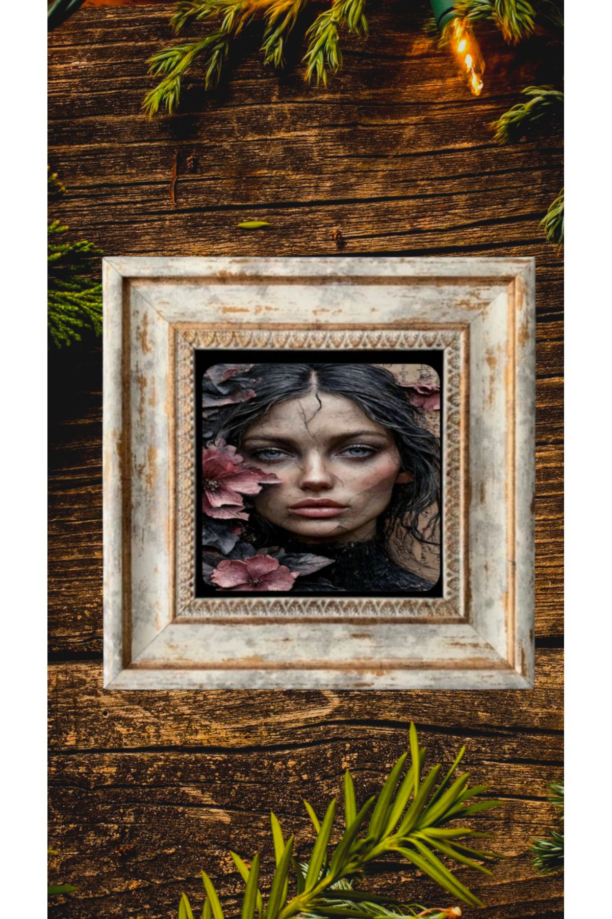 STONEVİVEART Siyah ve Kadın Doğal Taş duvar Tablosu 20x20 Cm Çerçeveli Duvar Dekoru