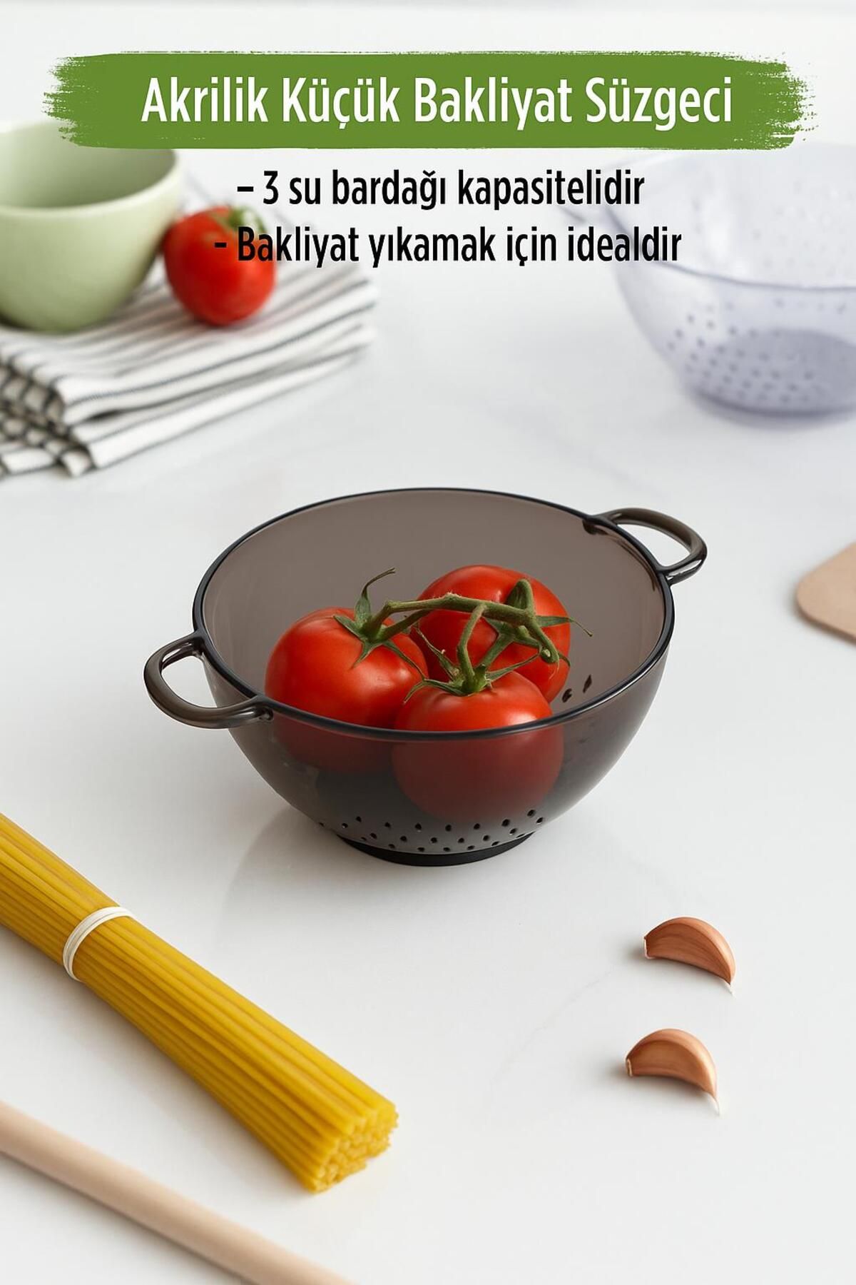 EWs Akrilik Füme Mini Pirinç Süzgeçi & Bakliyat Süzgeçi (3 SU BARDAĞI ÖLÇÜLÜ)