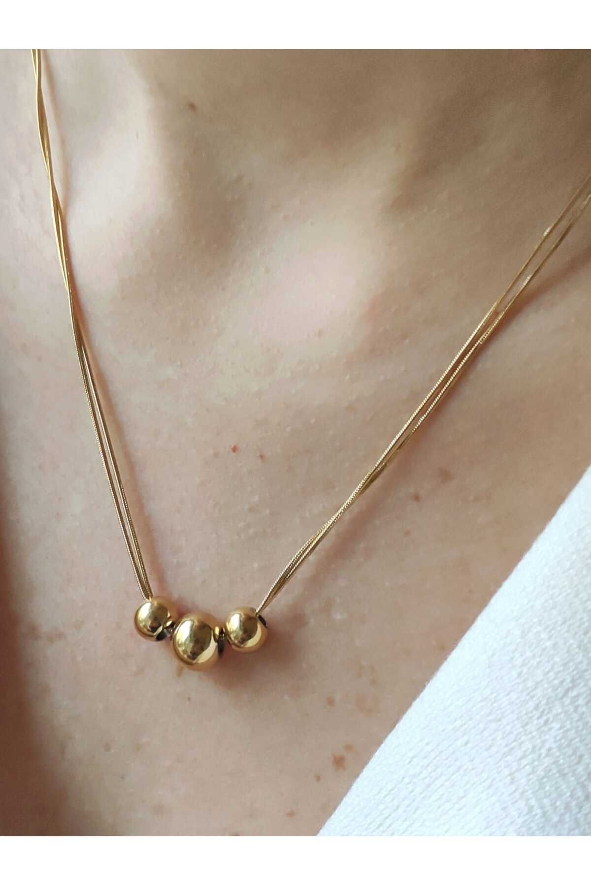 MoS JEWELLERY Gold Renk Üç Küre Detaylı Minimal Kolye - Paslanmaz Çelik