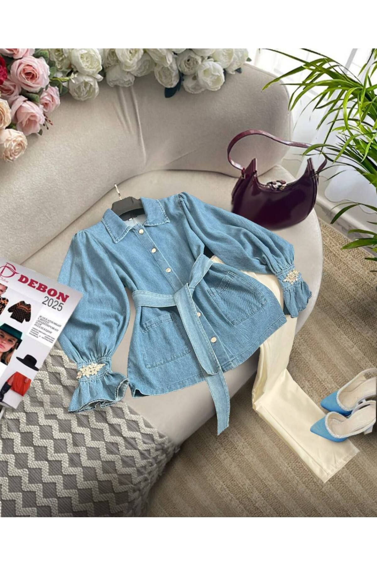 zümrüt moda kolu taş detaylı ceket ve pantolon , ikili kot takım 1796