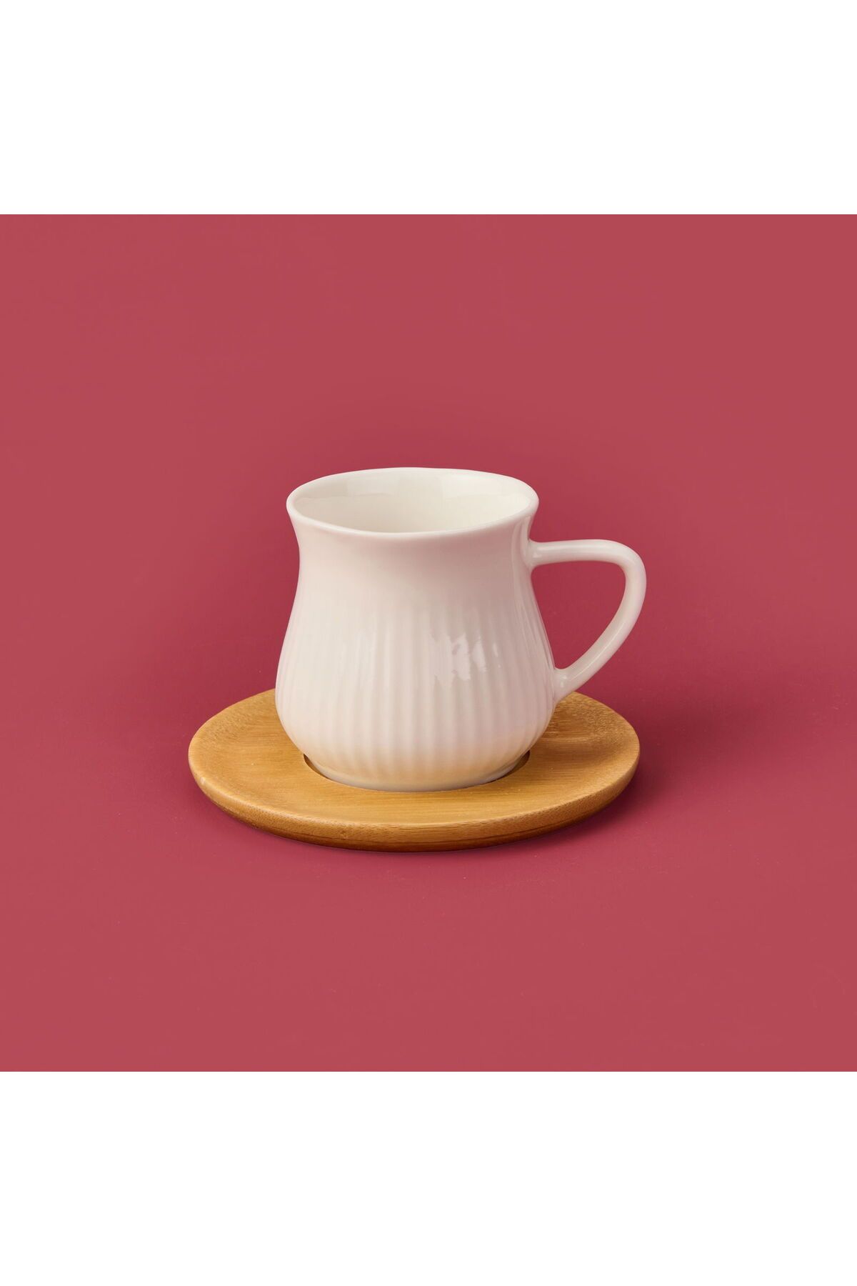ASPARTAM Bambu Tabaklı Çizgili Fincan Seti - Açık Kahverengi / Beyaz - 100 ml