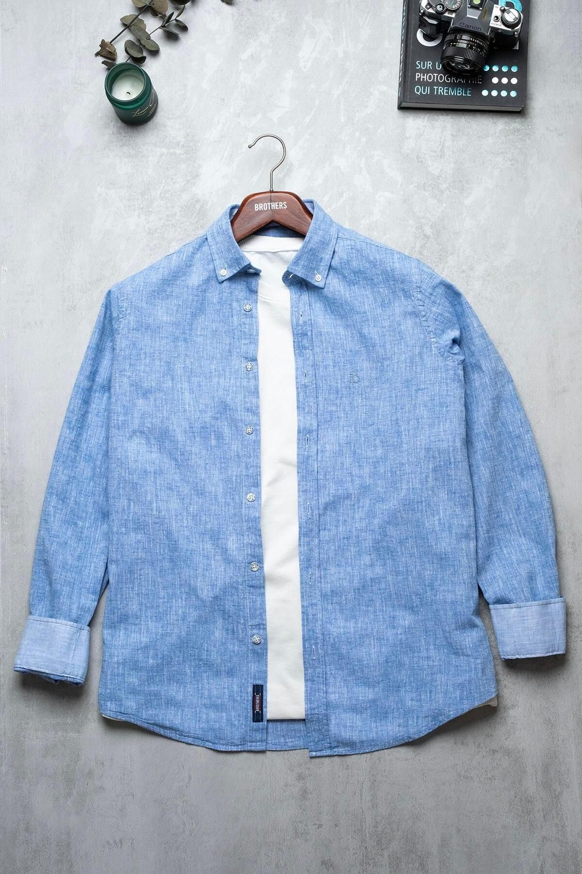 Brothers Erkek Tailored Fit Uzun Kol Logo Nakışlı Yıkamalı Pamuk Keten Gömlek Lindy Ls B01.251.709 -