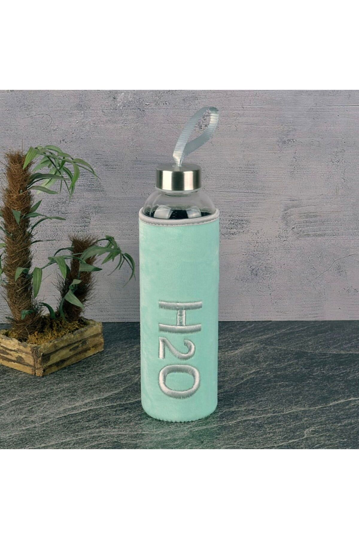 MATMEL H2O Peluş Kılıflı Cam Matara - Yeşil / Şeffaf
